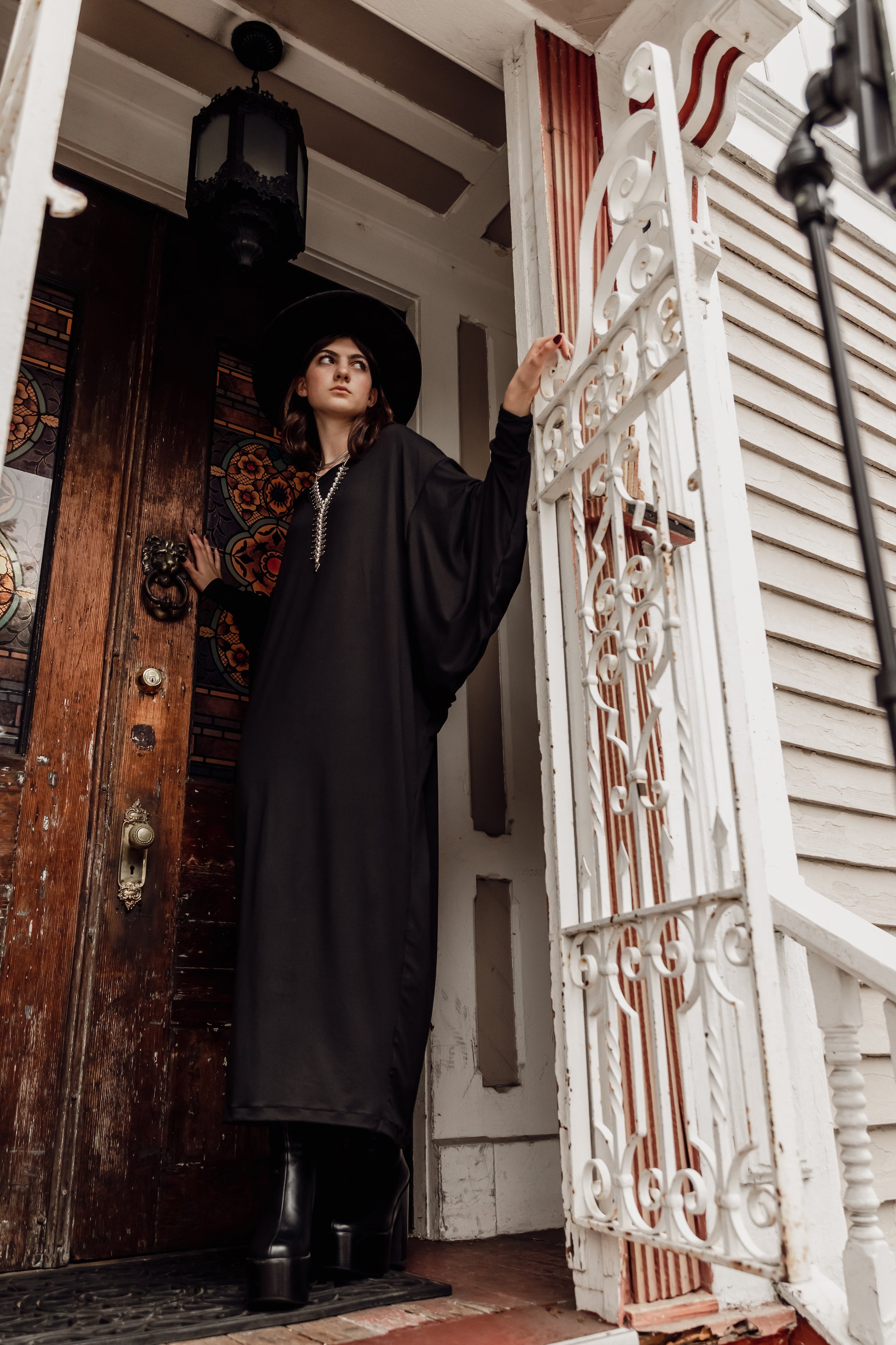 Jennafer Grace Onyx Metamorphosis Dress soft black midi maxi dress batwing sleeves crew neck tapered skirt cozy gothic winter glam goth boho bohemian hippie romantic whimsical unisex handmade in California USA