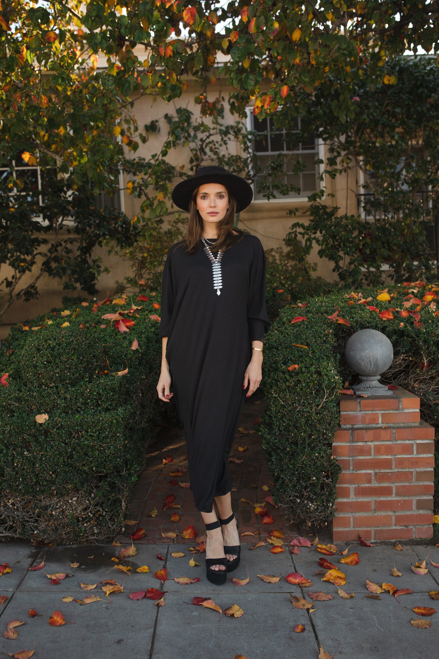 Jennafer Grace Onyx Metamorphosis Dress soft black midi maxi dress batwing sleeves crew neck tapered skirt cozy gothic winter glam goth boho bohemian hippie romantic whimsical unisex handmade in California USA