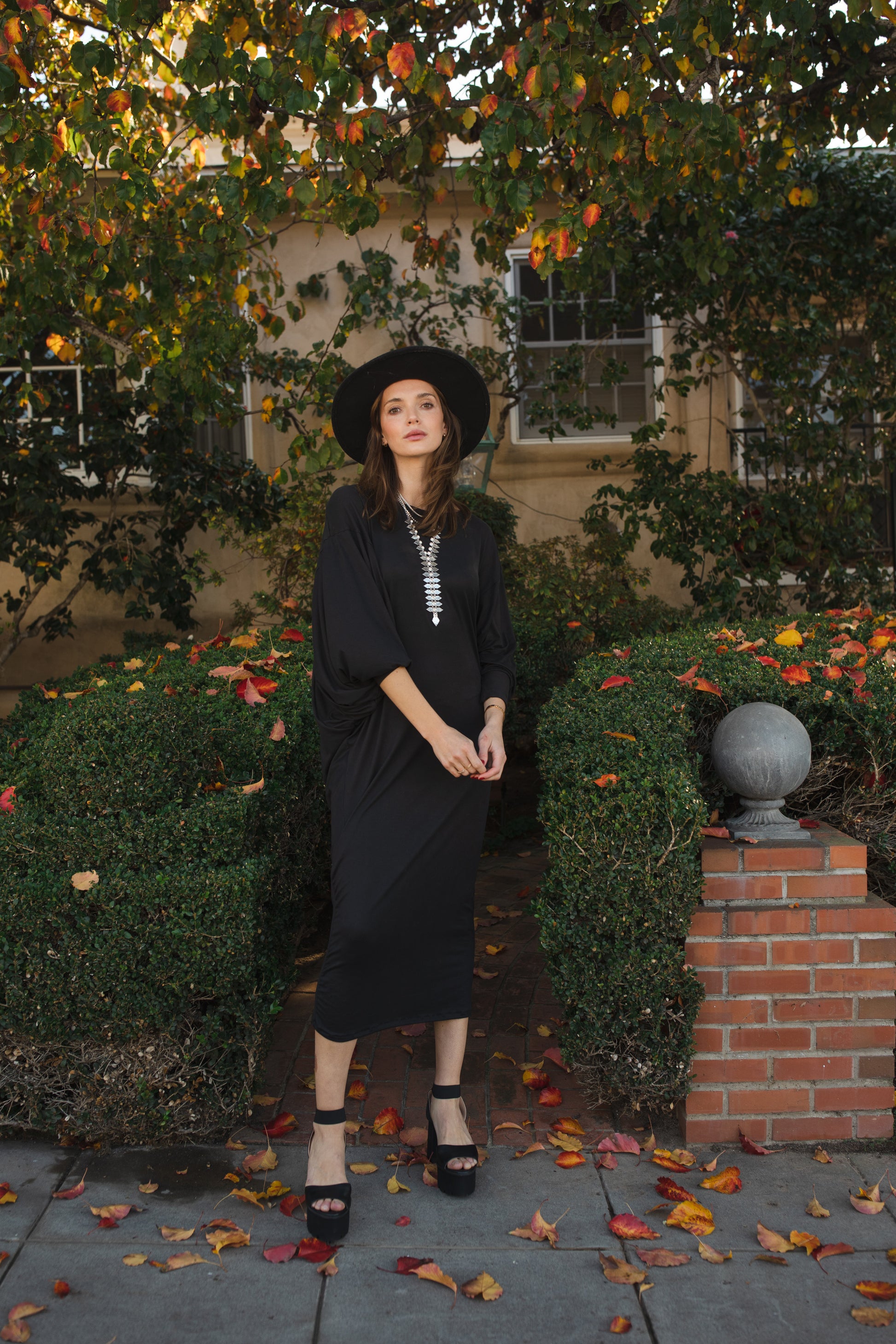 Jennafer Grace Onyx Metamorphosis Dress soft black midi maxi dress batwing sleeves crew neck tapered skirt cozy gothic winter glam goth boho bohemian hippie romantic whimsical unisex handmade in California USA