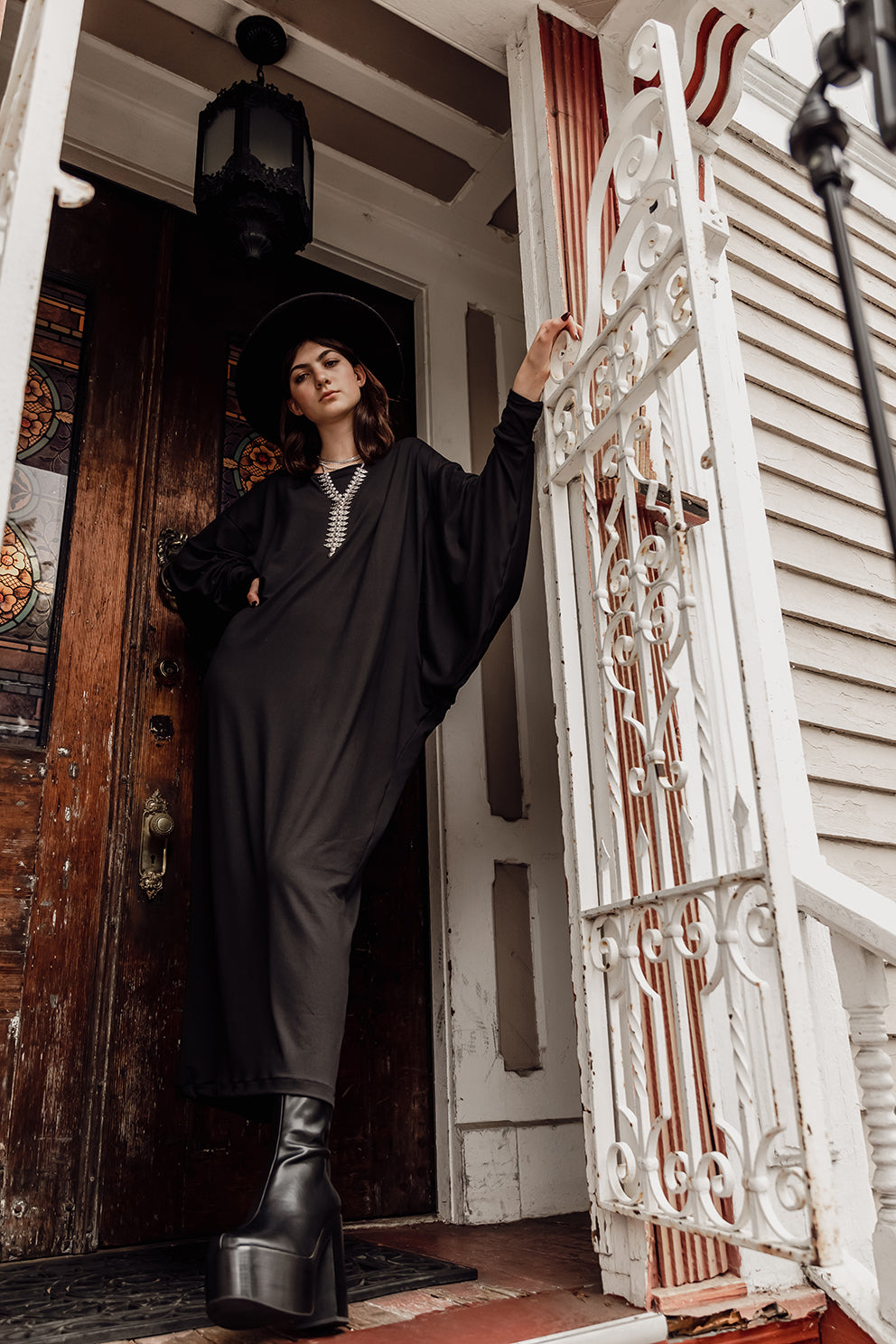 Jennafer Grace Onyx Metamorphosis Dress soft black midi maxi dress batwing sleeves crew neck tapered skirt cozy gothic winter glam goth boho bohemian hippie romantic whimsical unisex handmade in California USA