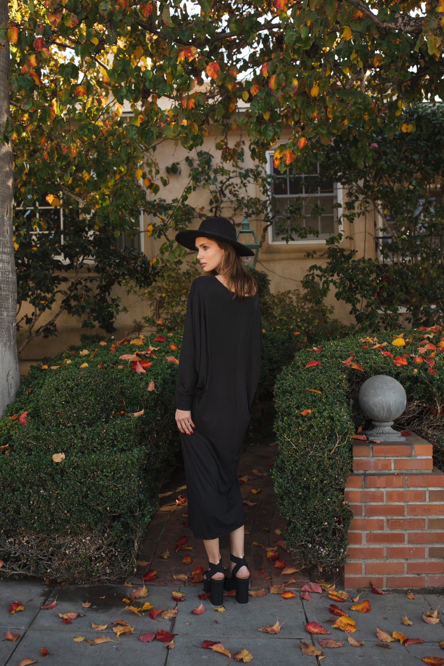 Jennafer Grace Onyx Metamorphosis Dress soft black midi maxi dress batwing sleeves crew neck tapered skirt cozy gothic winter glam goth boho bohemian hippie romantic whimsical unisex handmade in California USA