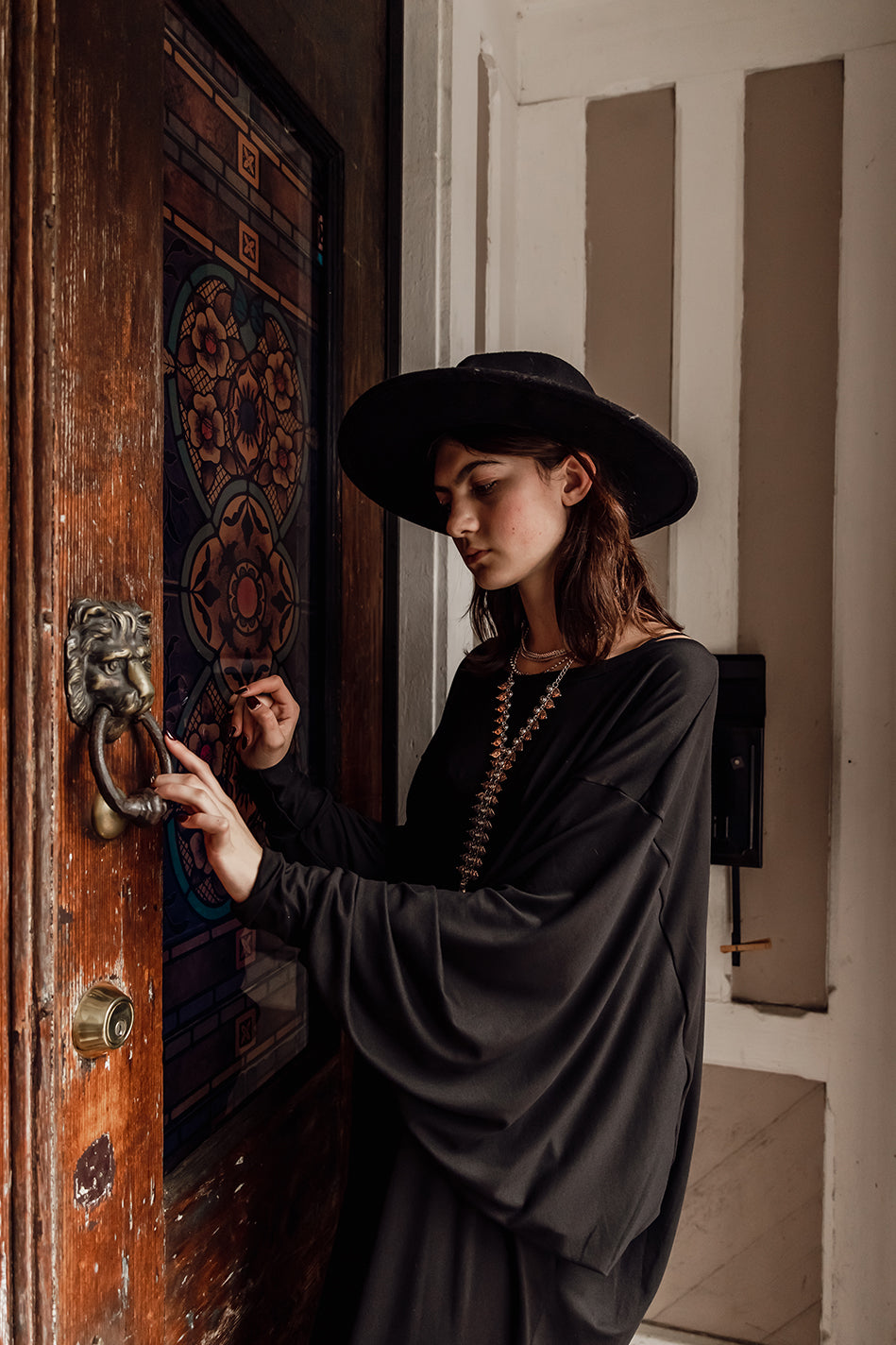 Jennafer Grace Onyx Metamorphosis Dress soft black midi maxi dress batwing sleeves crew neck tapered skirt cozy gothic winter glam goth boho bohemian hippie romantic whimsical unisex handmade in California USA