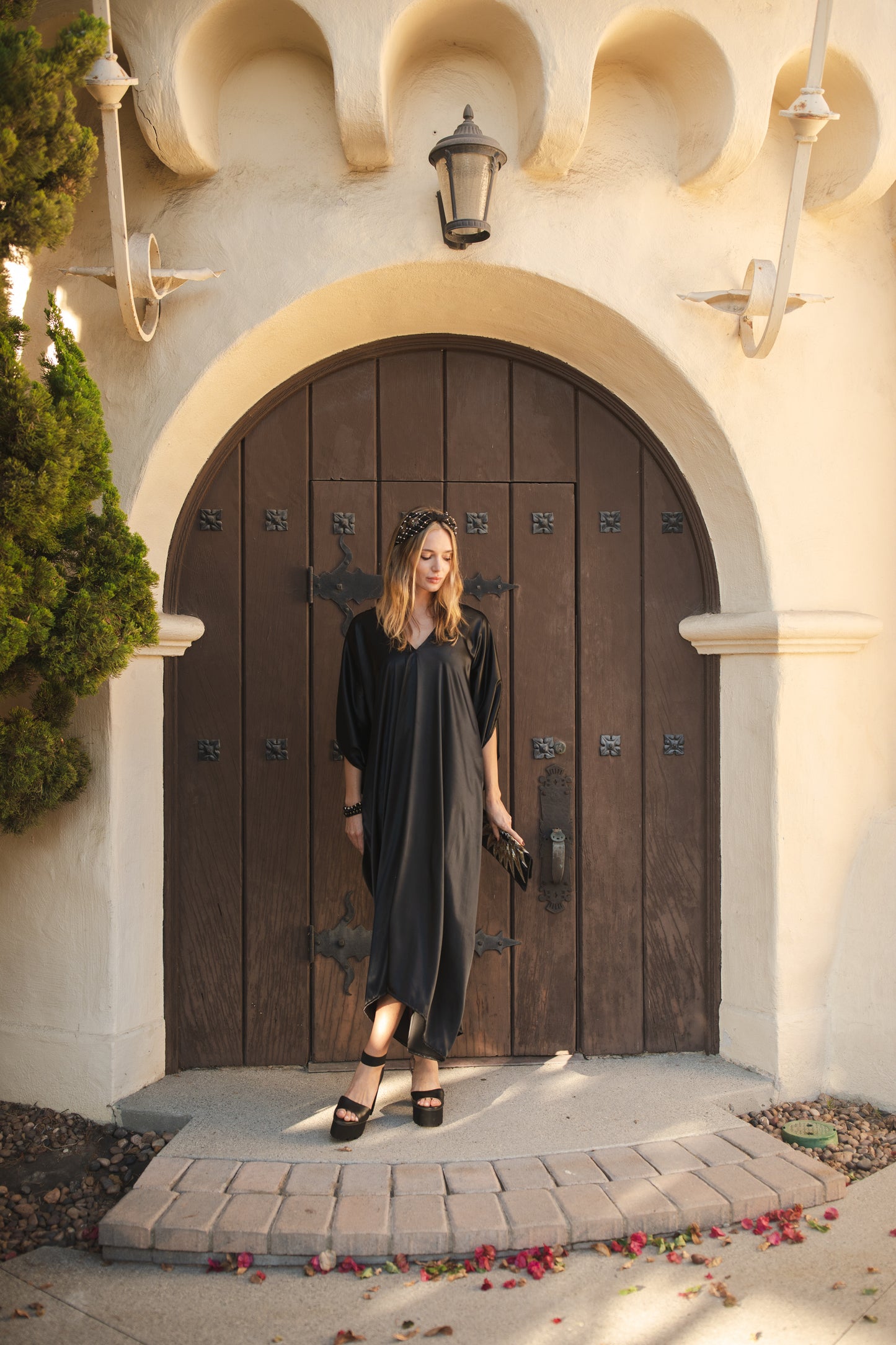 jennafer grace Onyx Slink caftan black silky slinky kaftan mumu shift dress coverup casual boho bohemian hippie beach resort spa lounge loungewear layering unisex handmade in California USA