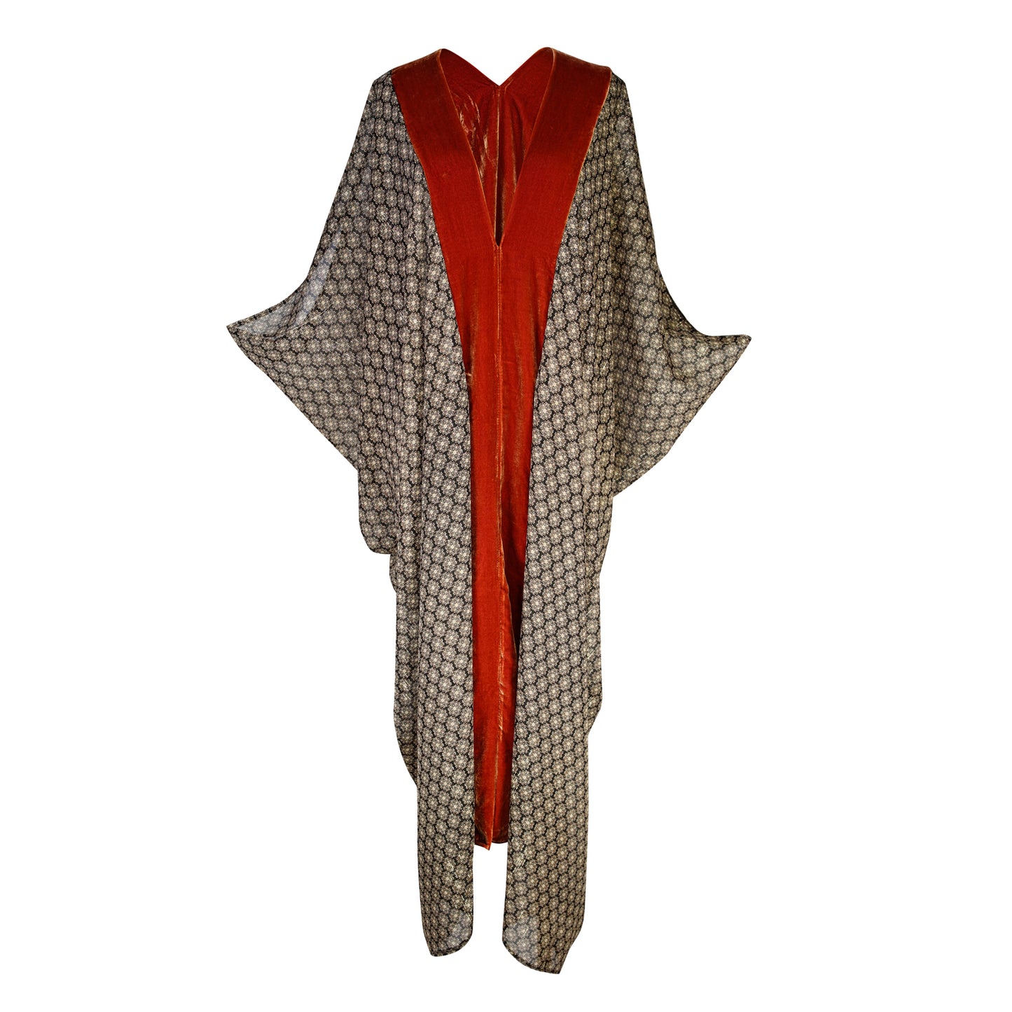 Jennafer Grace caftan mumu shift dress coverup semi sheer burnt sienna rust orange copper silk velvet lapel metallic medallion print chiffon boho bohemian hippie beach resort spa lounge loungewear layering unisex handmade in California USA