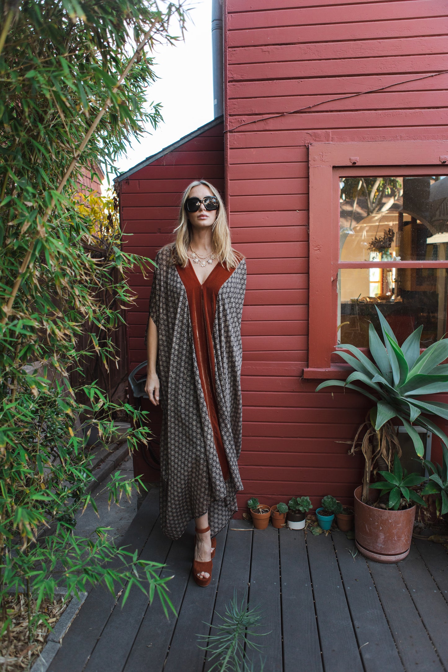 Jennafer Grace caftan mumu shift dress coverup semi sheer burnt sienna rust orange copper silk velvet lapel metallic medallion print chiffon boho bohemian hippie beach resort spa lounge loungewear layering unisex handmade in California USA