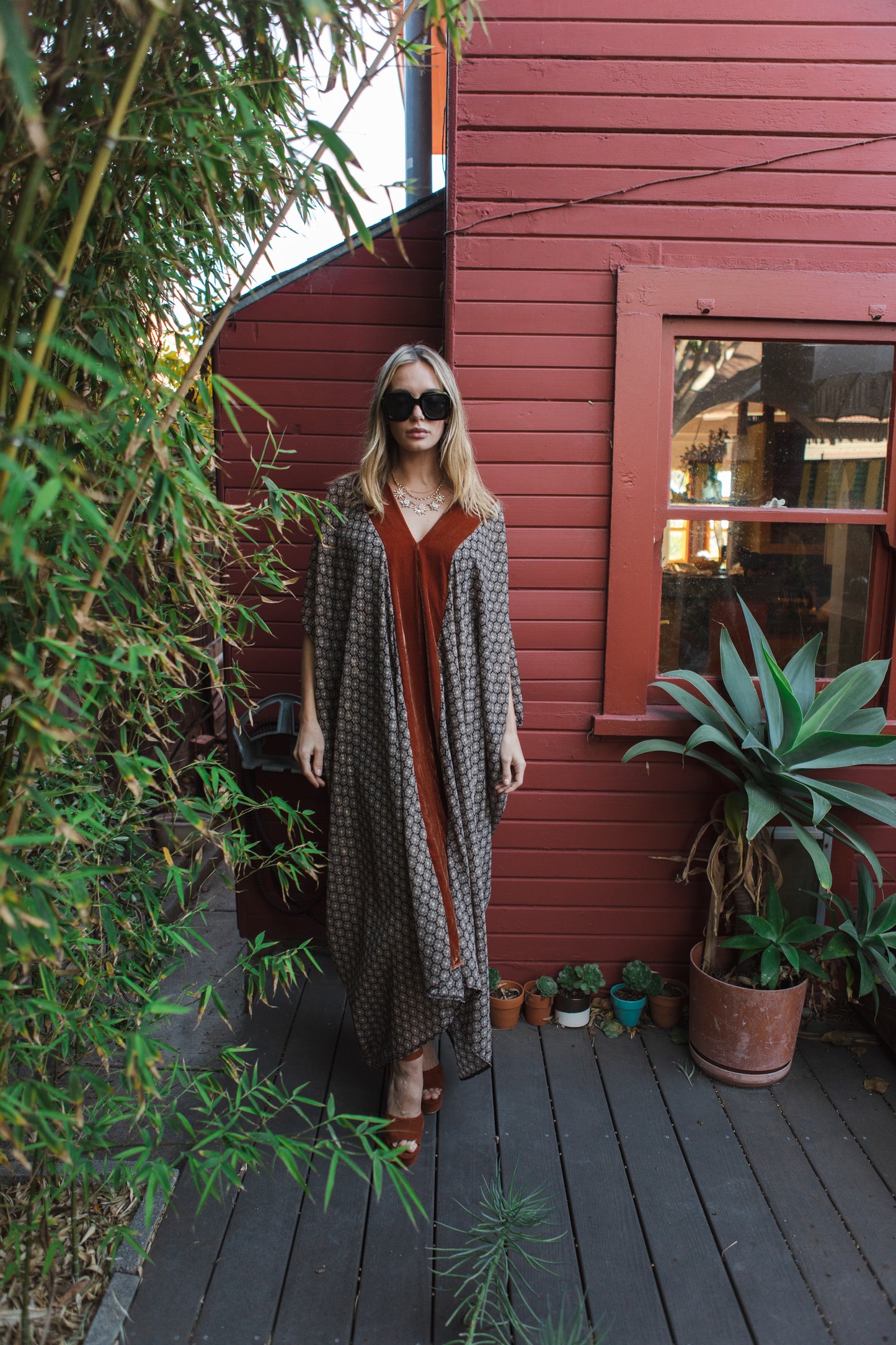 Jennafer Grace caftan mumu shift dress coverup semi sheer burnt sienna rust orange copper silk velvet lapel metallic medallion print chiffon boho bohemian hippie beach resort spa lounge loungewear layering unisex handmade in California USA