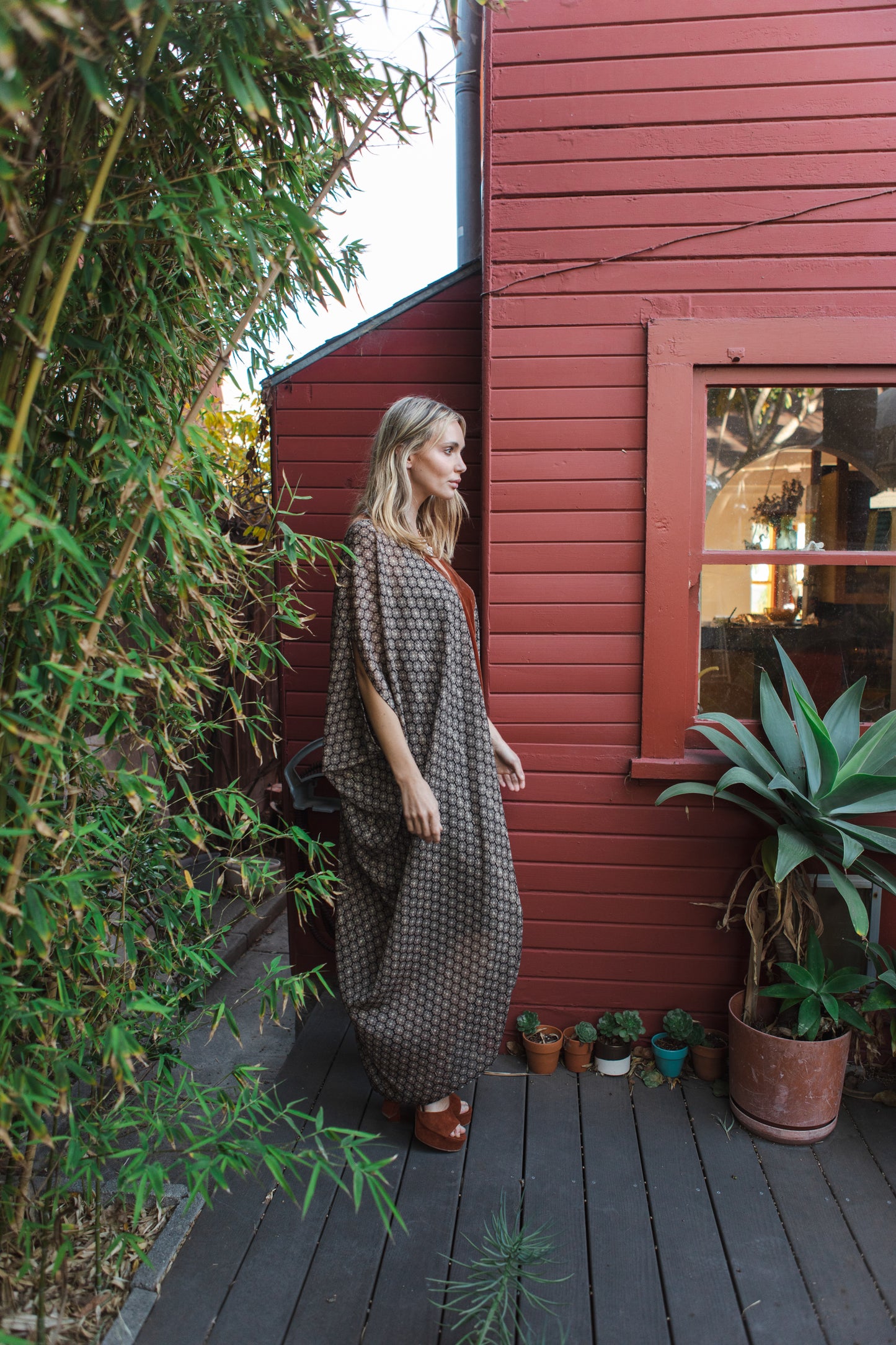 Jennafer Grace caftan mumu shift dress coverup semi sheer burnt sienna rust orange copper silk velvet lapel metallic medallion print chiffon boho bohemian hippie beach resort spa lounge loungewear layering unisex handmade in California USA