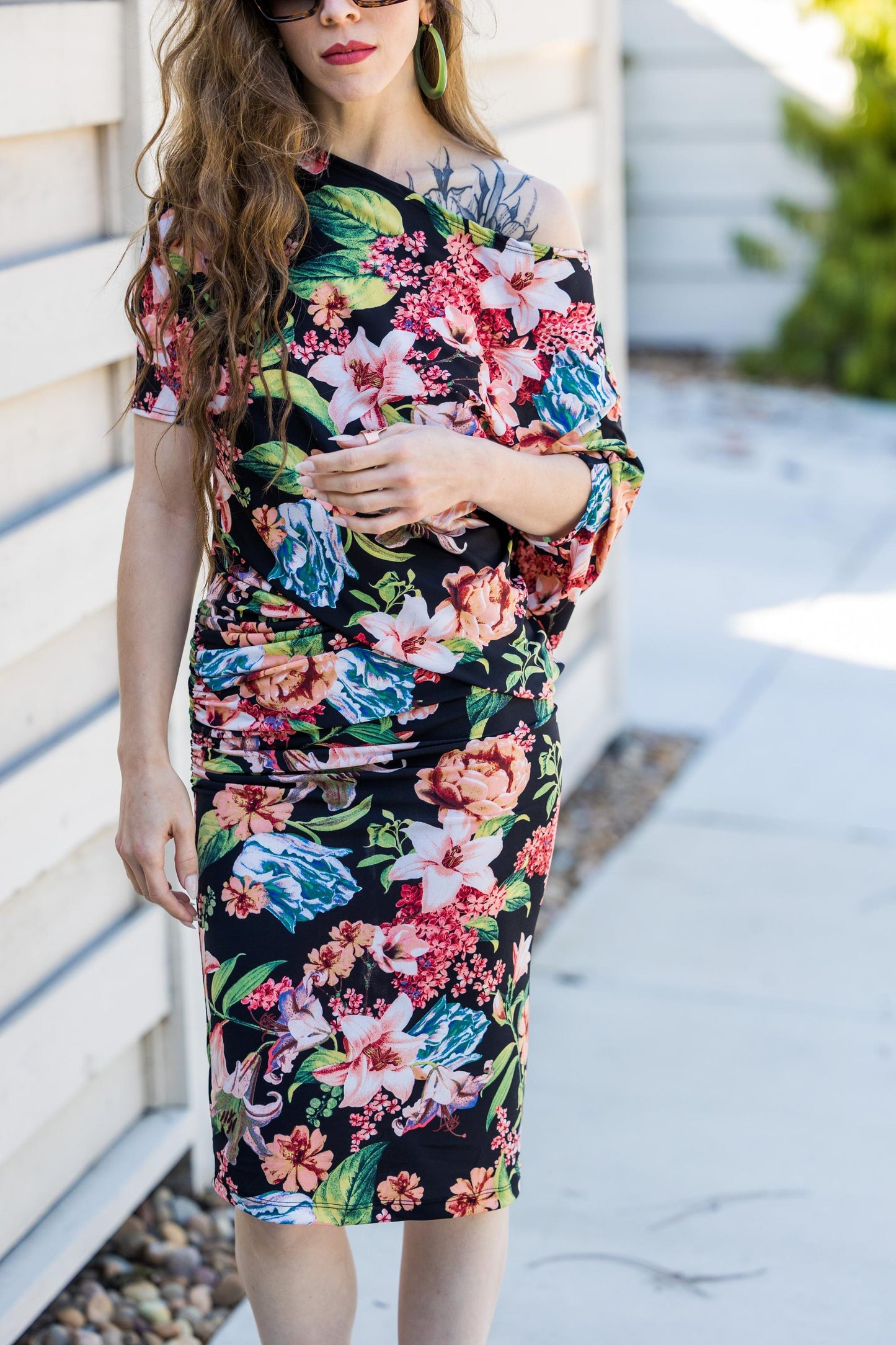 jennafer grace angle dress off shoulder one shoulder boat neck midi simple sexy 80s floral print dress handmade