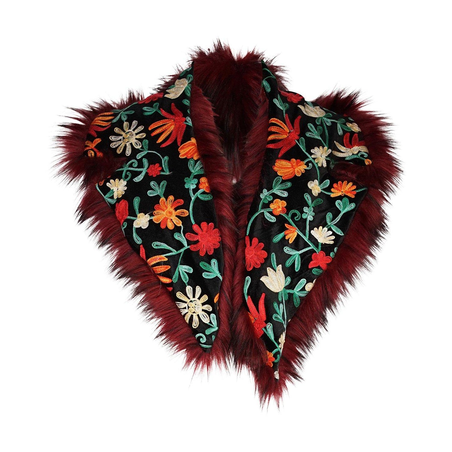 oxblood red black faux fur vegan floral flower botanical embroidered collar accessory layering jacket almost famous penny lane jennafer grace luxe boho bohemian hippie unisex handmade