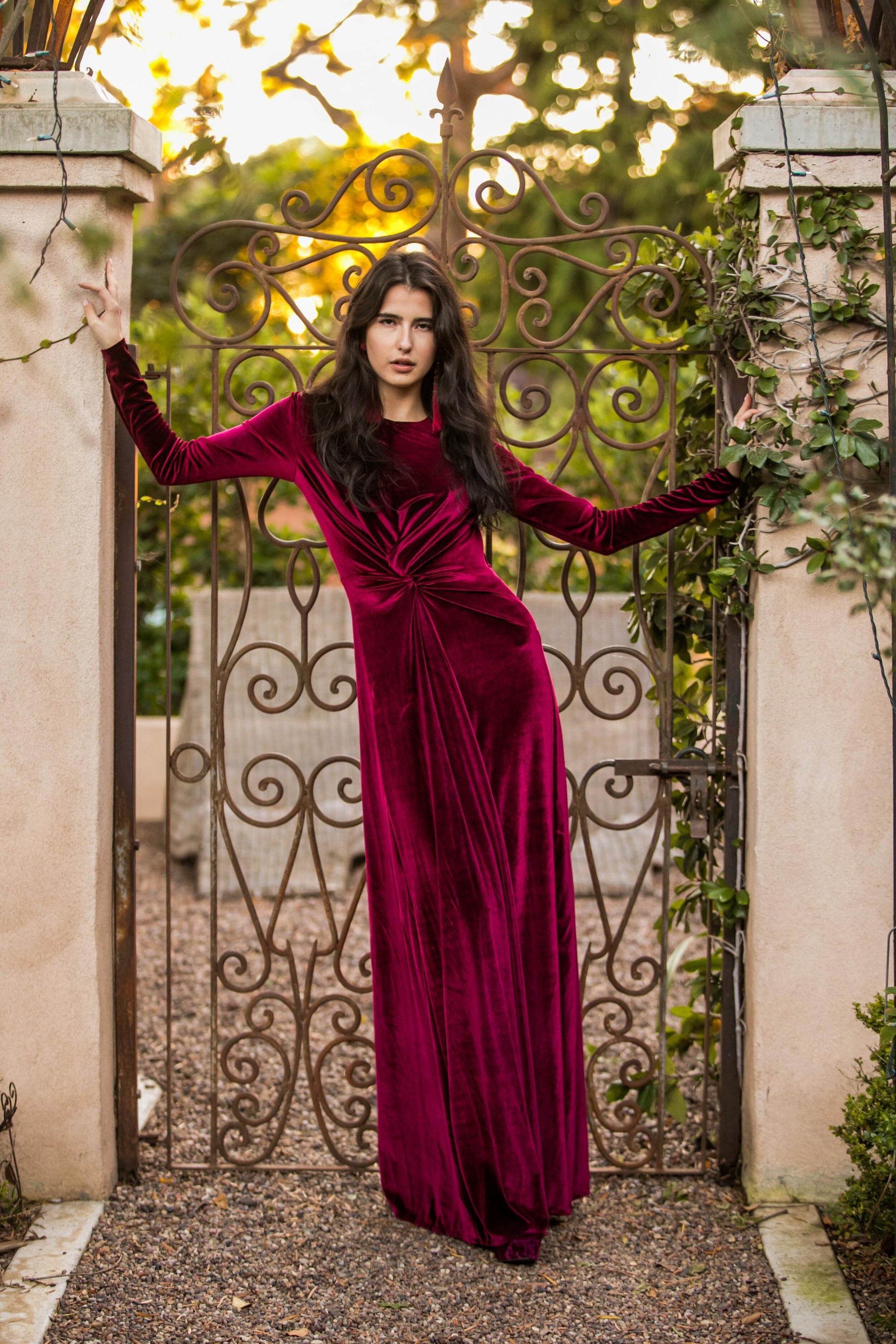 oxblood, red, velvet, stretch, dress, knot dress, maxi dress, handmade, madeinusa, jennafergrace