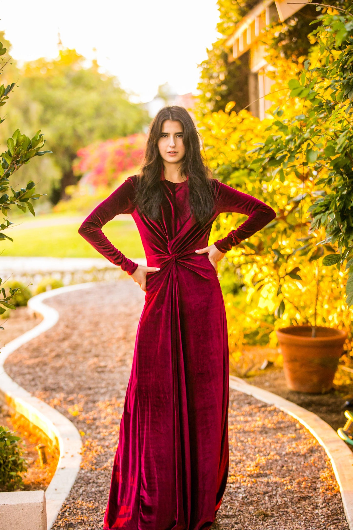 oxblood, red, velvet, stretch, dress, knot dress, maxi dress, handmade, madeinusa, jennafergrace