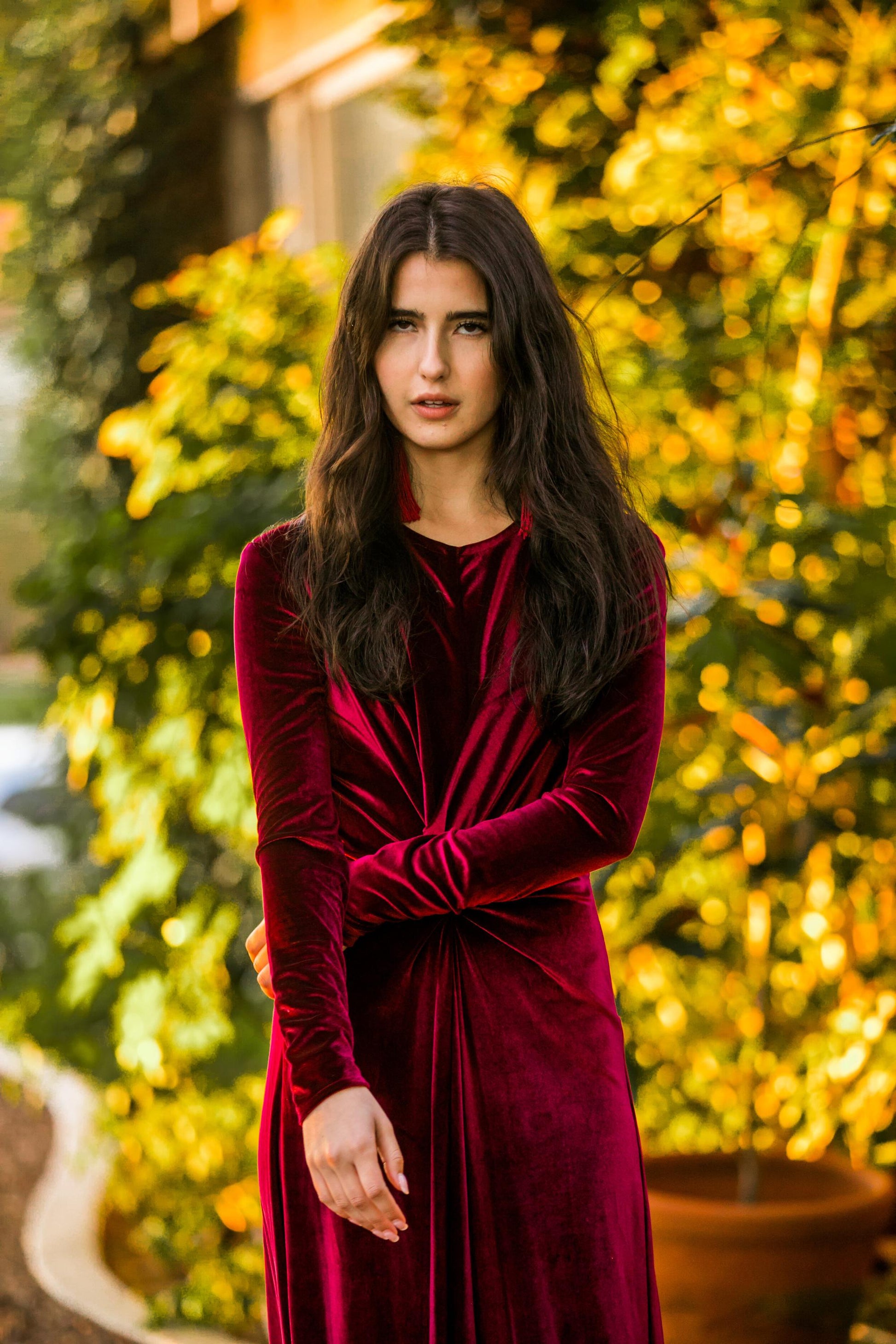 oxblood, red, velvet, stretch, dress, knot dress, maxi dress, handmade, madeinusa, jennafergrace