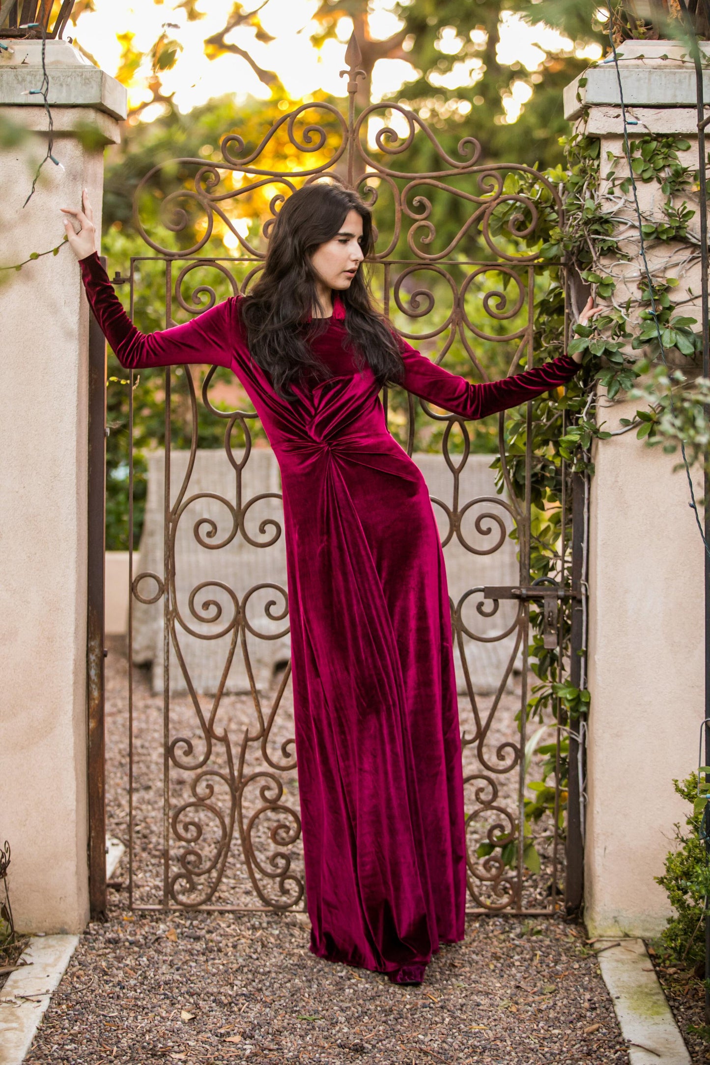 oxblood, red, velvet, stretch, dress, knot dress, maxi dress, handmade, madeinusa, jennafergrace
