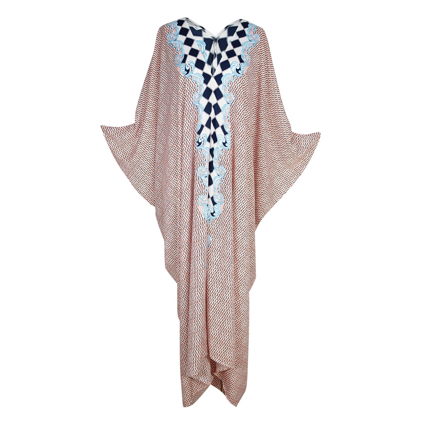 jennafer grace Palisades caftan white with orange block pattern and centered checkered border kaftan mumu shift dress coverup casual boho bohemian hippie beach resort spa lounge loungewear layering unisex handmade in California USA