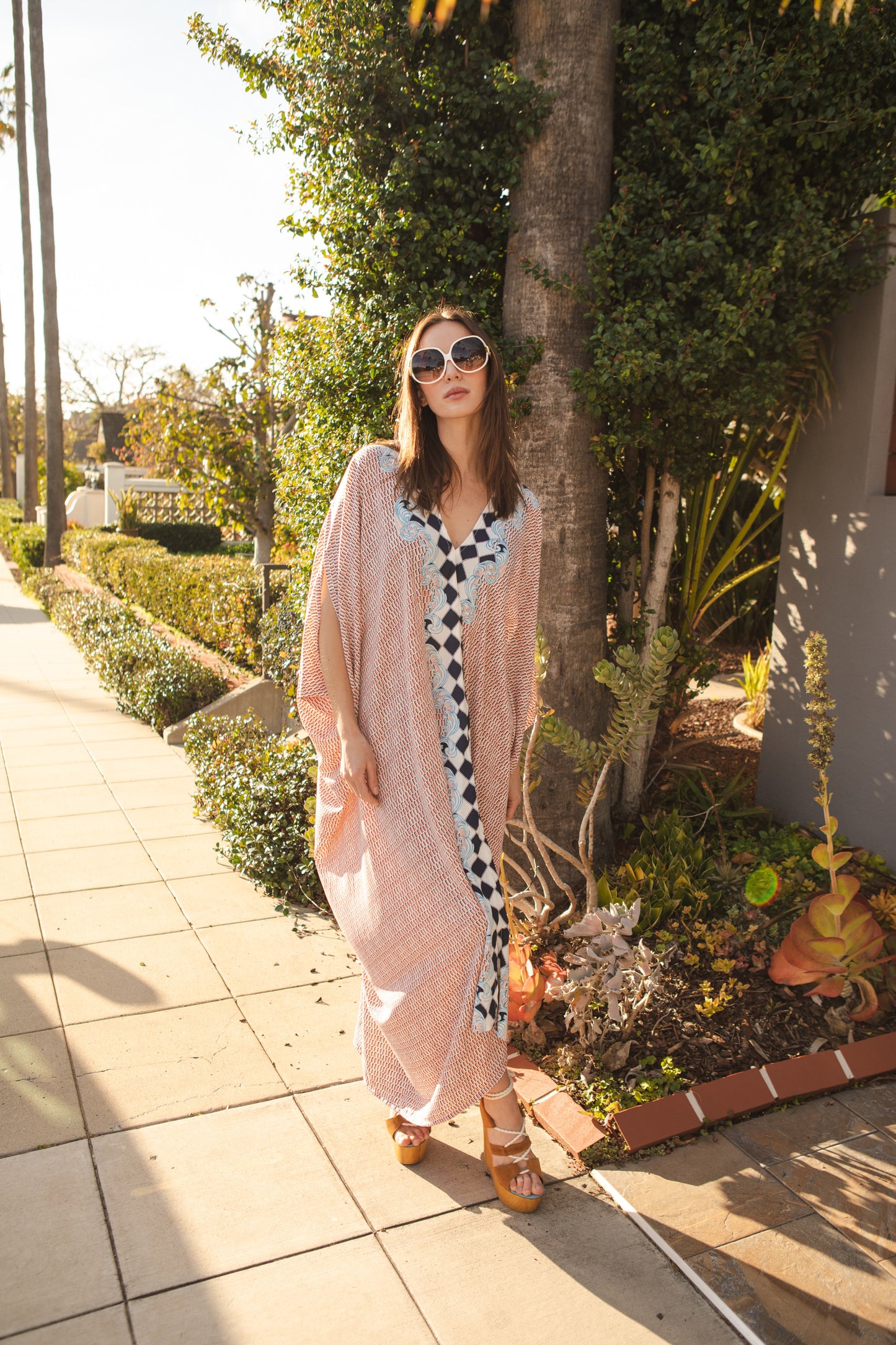 jennafer grace Palisades caftan white with orange block pattern and centered checkered border kaftan mumu shift dress coverup casual boho bohemian hippie beach resort spa lounge loungewear layering unisex handmade in California USA