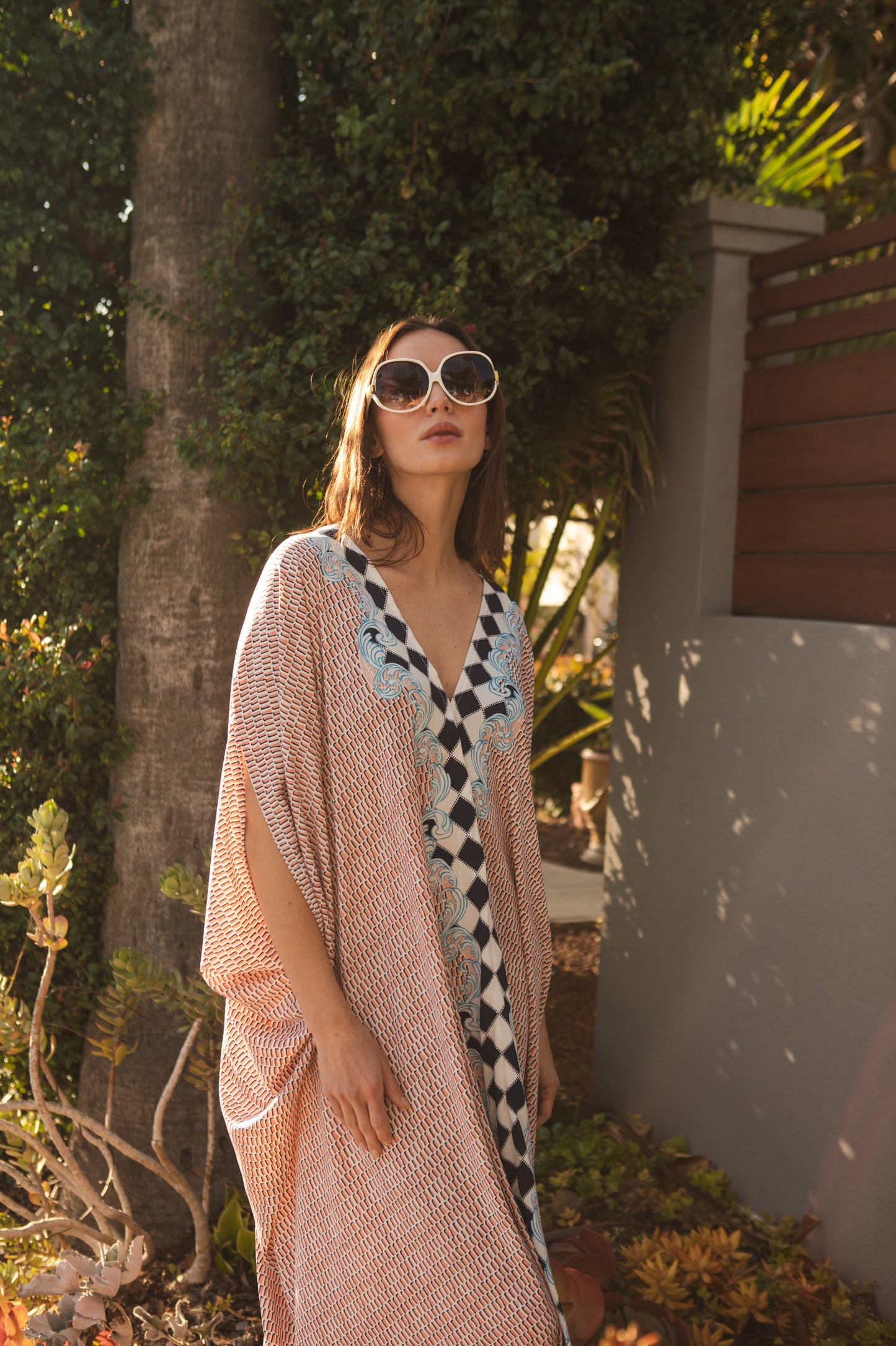 jennafer grace Palisades caftan white with orange block pattern and centered checkered border kaftan mumu shift dress coverup casual boho bohemian hippie beach resort spa lounge loungewear layering unisex handmade in California USA