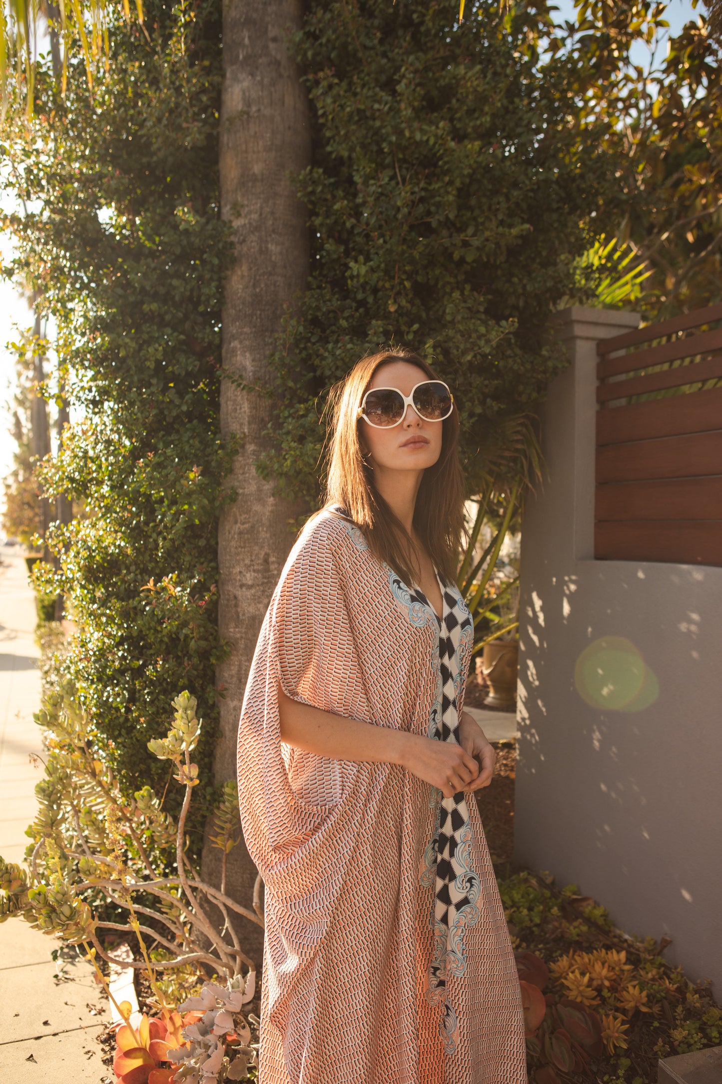 jennafer grace Palisades caftan white with orange block pattern and centered checkered border kaftan mumu shift dress coverup casual boho bohemian hippie beach resort spa lounge loungewear layering unisex handmade in California USA