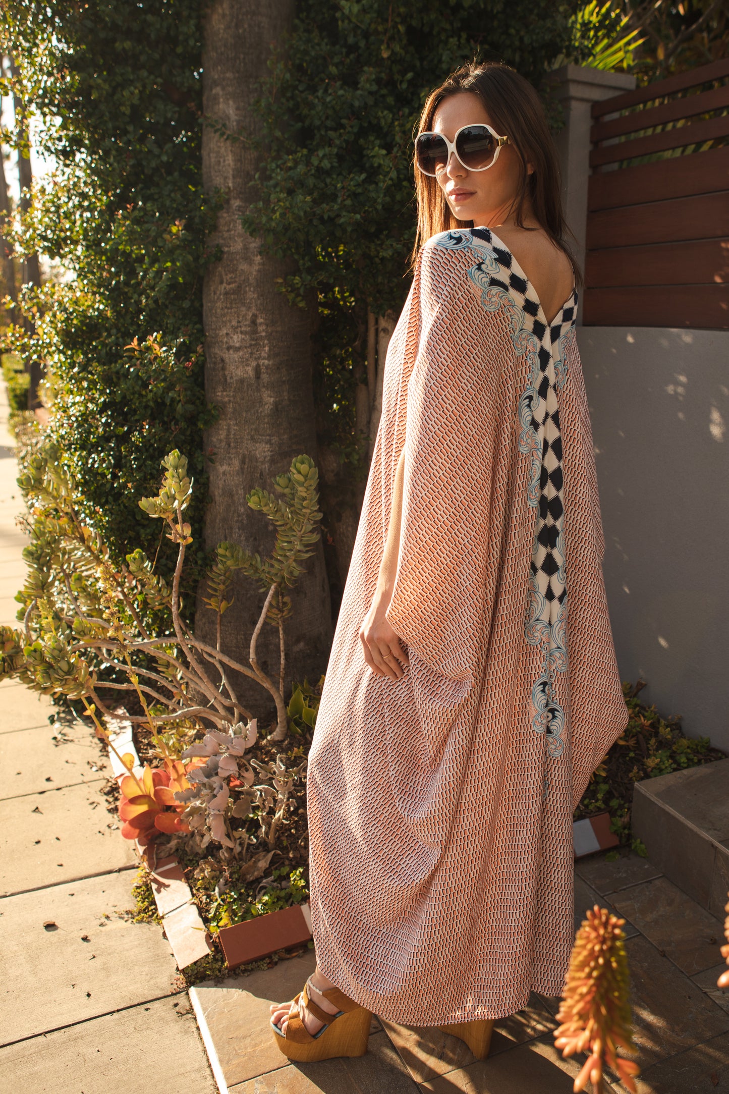jennafer grace Palisades caftan white with orange block pattern and centered checkered border kaftan mumu shift dress coverup casual boho bohemian hippie beach resort spa lounge loungewear layering unisex handmade in California USA