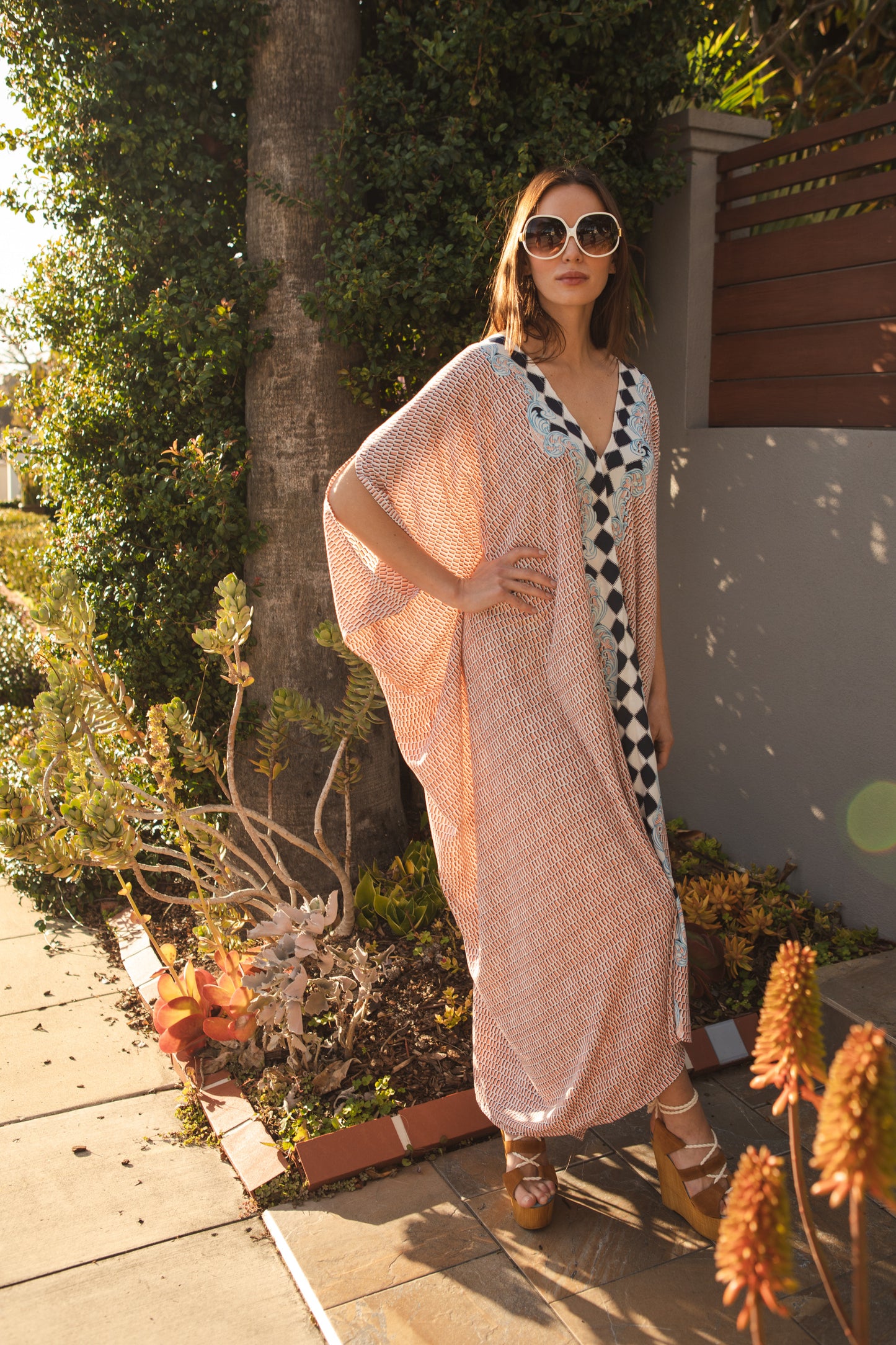jennafer grace Palisades caftan white with orange block pattern and centered checkered border kaftan mumu shift dress coverup casual boho bohemian hippie beach resort spa lounge loungewear layering unisex handmade in California USA