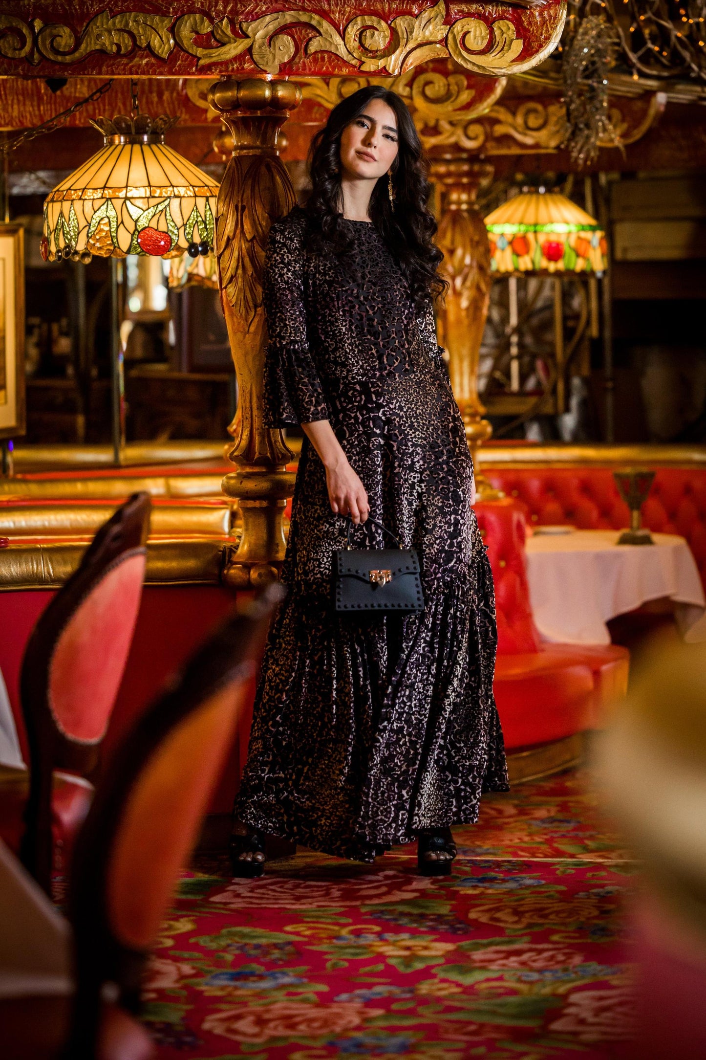 jennafer grace pantera ruffle dress evening gown tiered skirt leopard cheetah panther animal print black velvet burnout goth gothic boho bohemian hippie romantic whimsical handmade