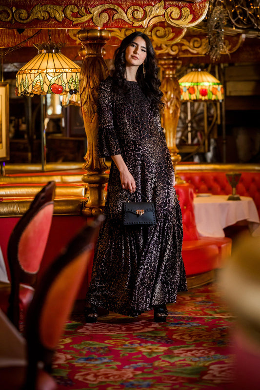 jennafer grace pantera ruffle dress evening gown tiered skirt leopard cheetah panther animal print black velvet burnout goth gothic boho bohemian hippie romantic whimsical handmade
