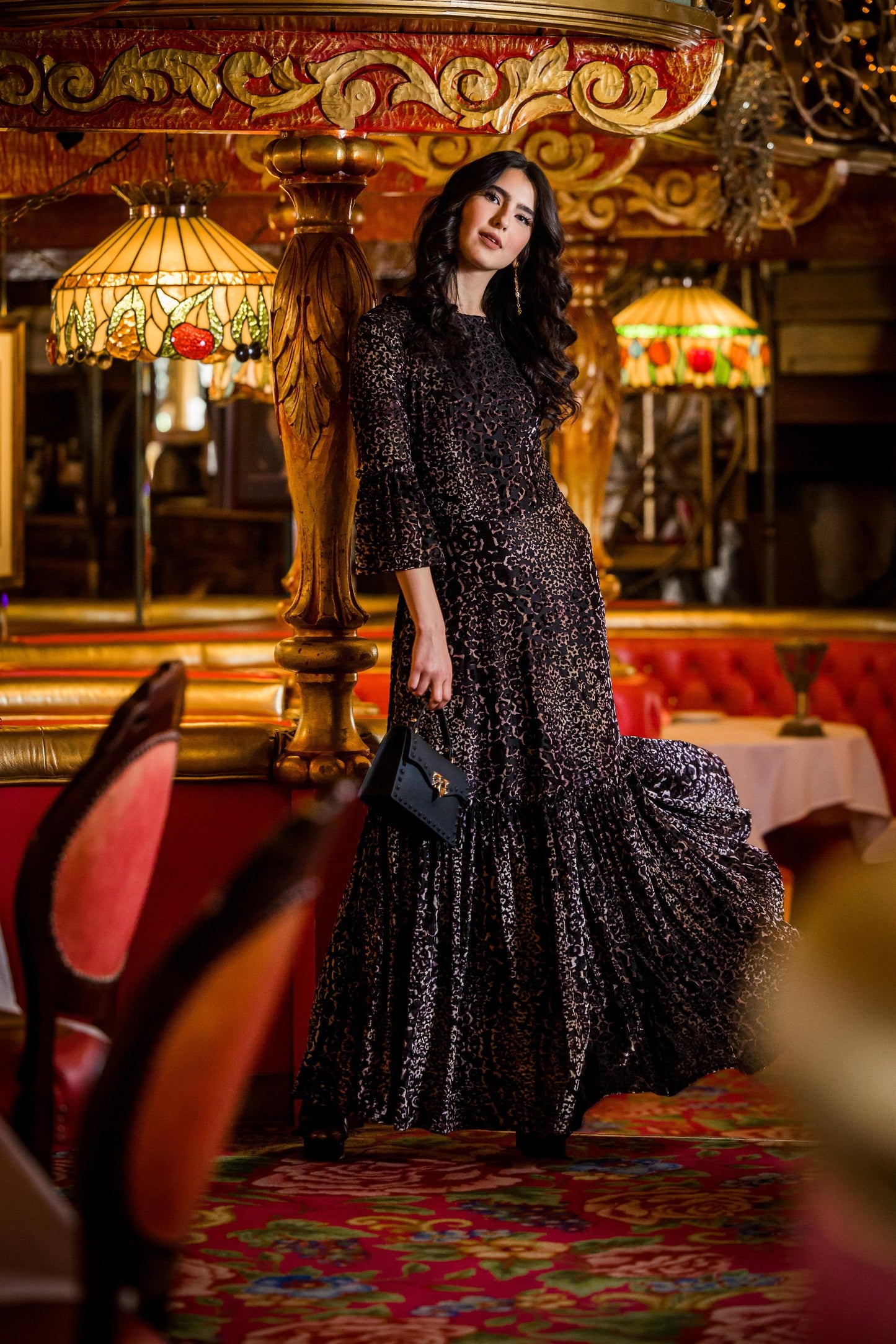 jennafer grace pantera ruffle dress evening gown tiered skirt leopard cheetah panther animal print black velvet burnout goth gothic boho bohemian hippie romantic whimsical handmade