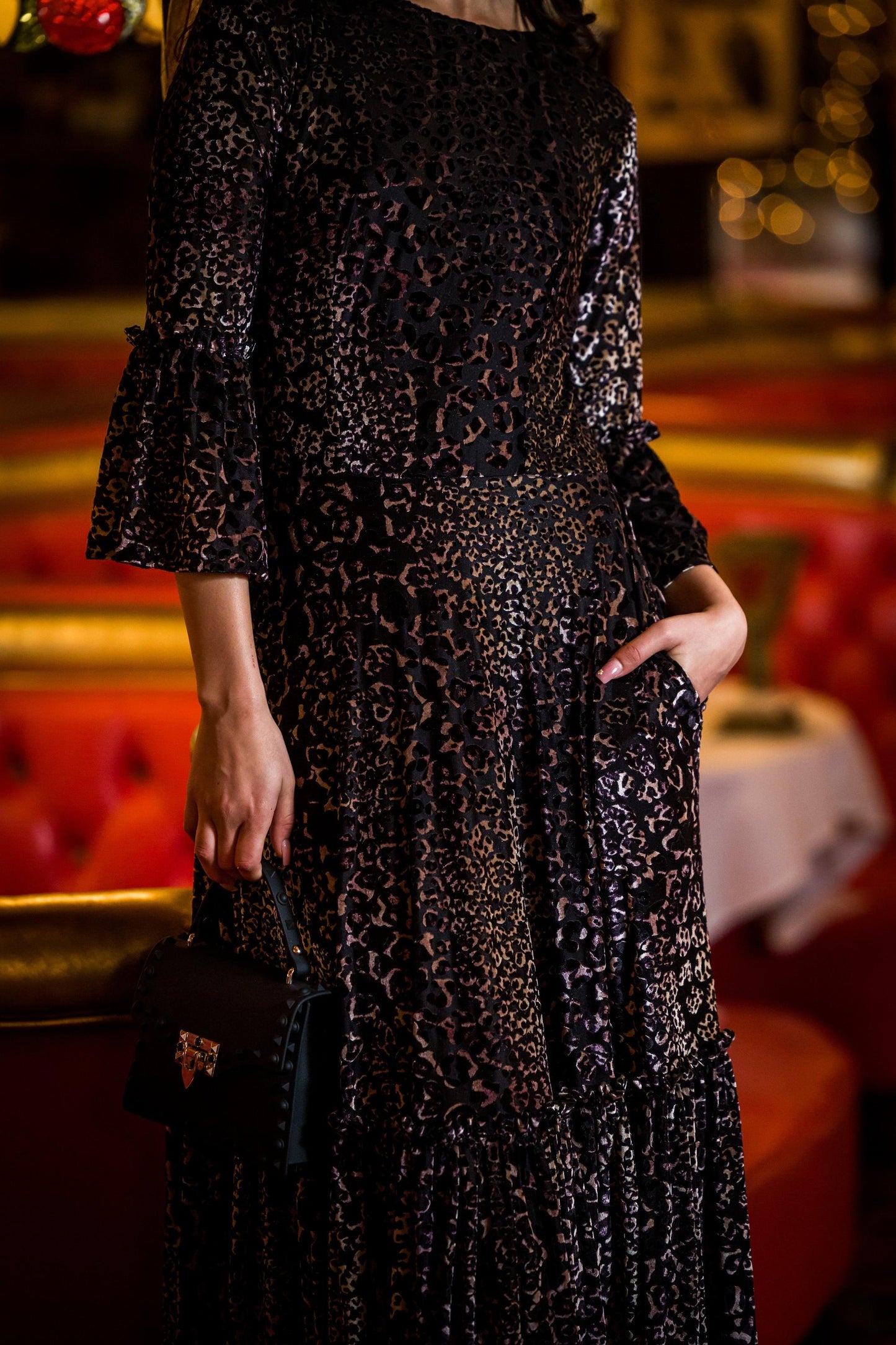 jennafer grace pantera ruffle dress evening gown tiered skirt leopard cheetah panther animal print black velvet burnout goth gothic boho bohemian hippie romantic whimsical handmade