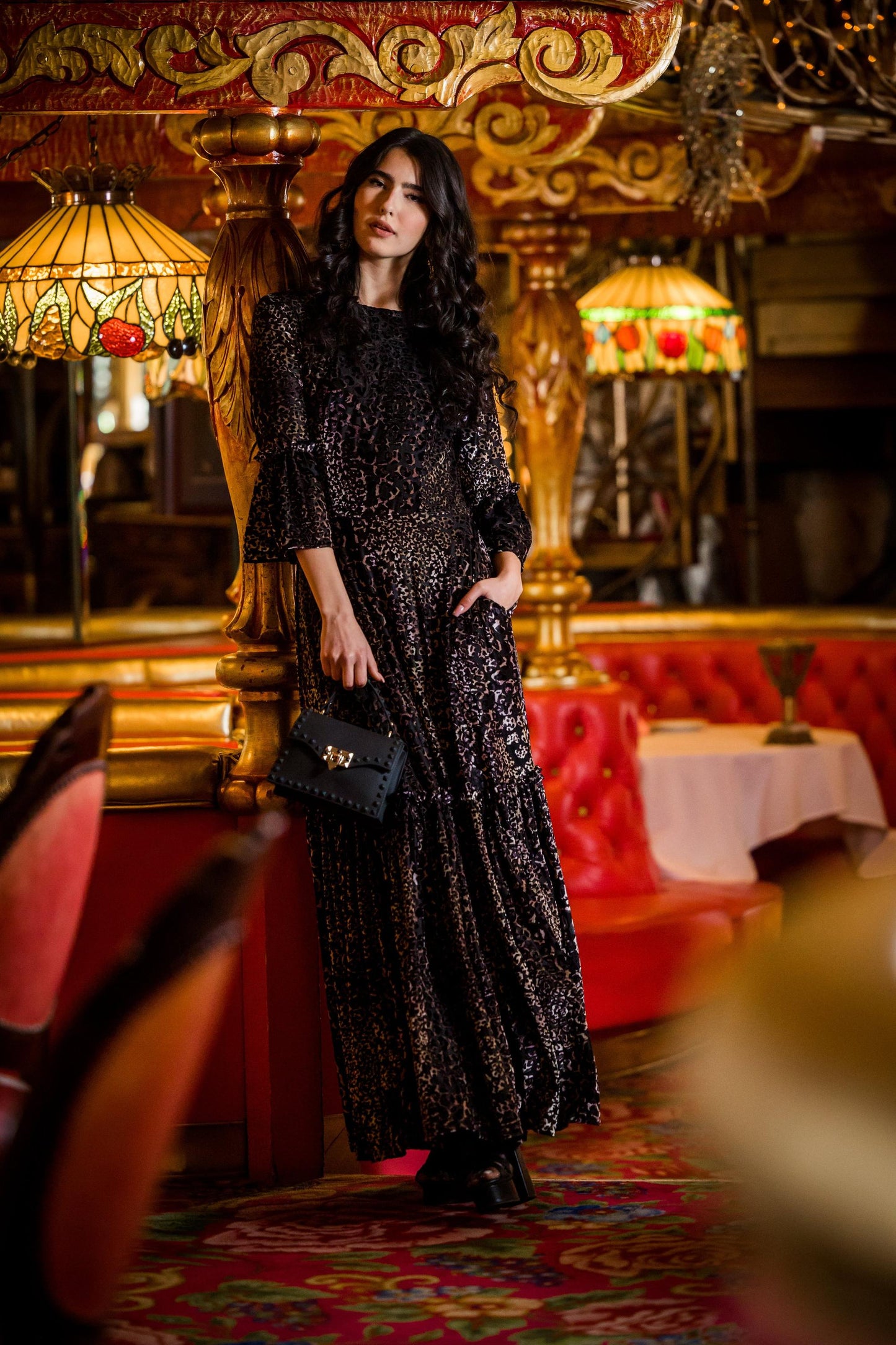 jennafer grace pantera ruffle dress evening gown tiered skirt leopard cheetah panther animal print black velvet burnout goth gothic boho bohemian hippie romantic whimsical handmade