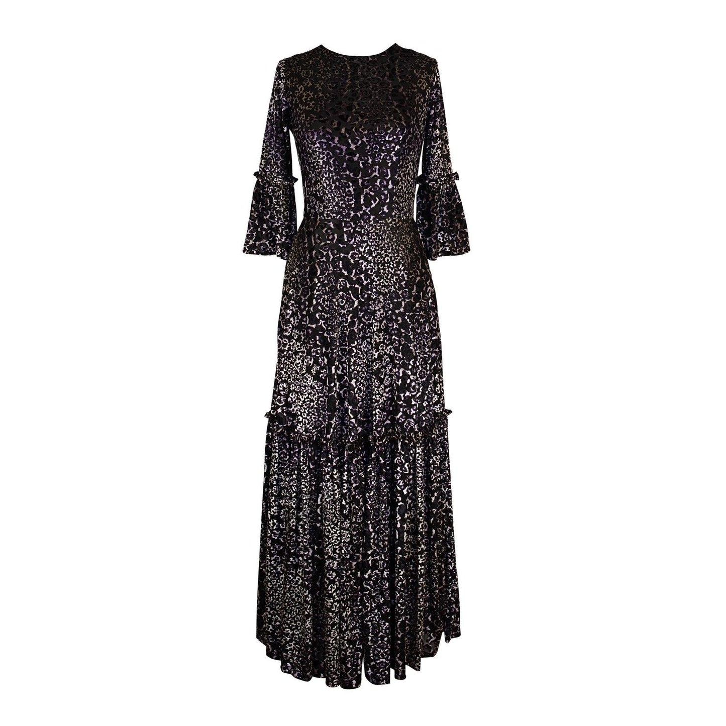 jennafer grace pantera ruffle dress evening gown tiered skirt leopard cheetah panther animal print black velvet burnout goth gothic boho bohemian hippie romantic whimsical handmade