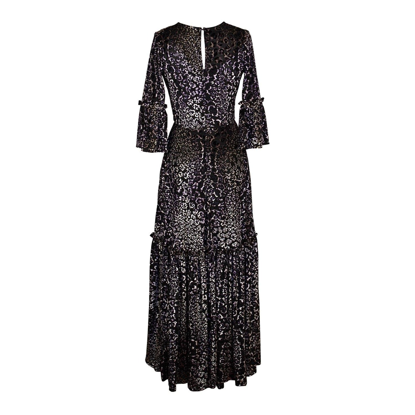 jennafer grace pantera ruffle dress evening gown tiered skirt leopard cheetah panther animal print black velvet burnout goth gothic boho bohemian hippie romantic whimsical handmade