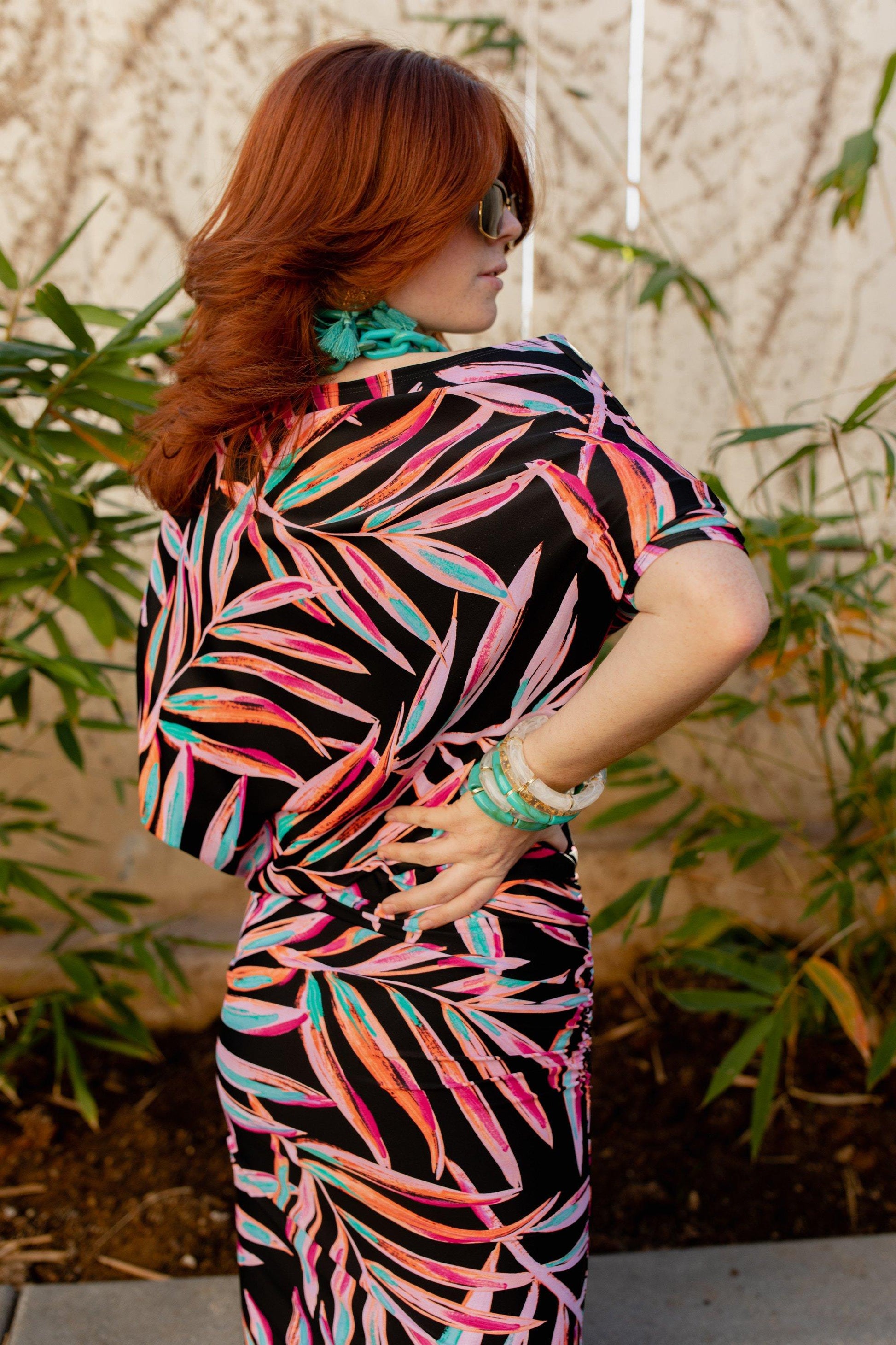 jennafer grace paradise palm angle dress evening wear cocktail off shoulder one shoulder boat neck simple sexy tropical techno black pink blue bold bright colorful dress boho bohemian hippie handmade