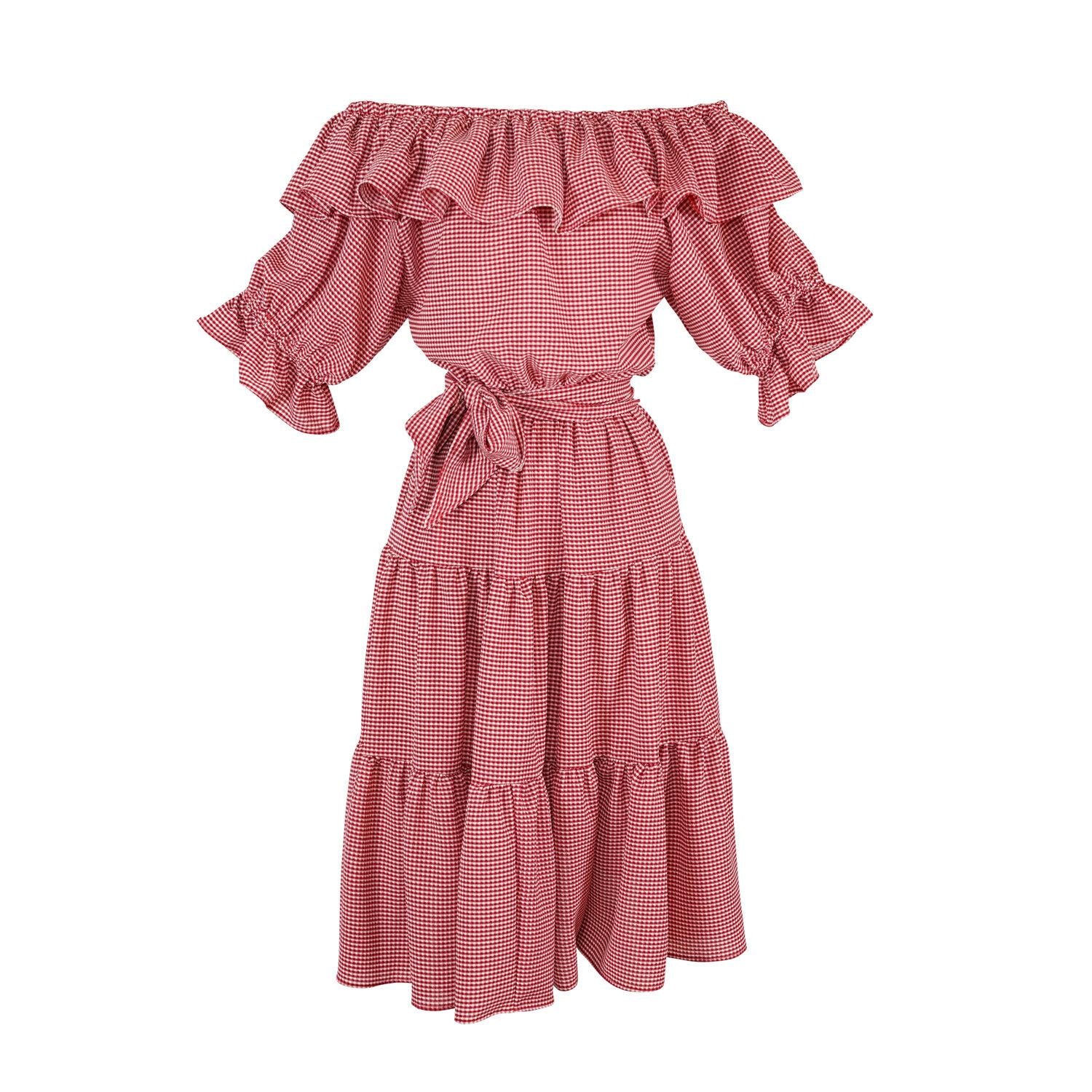 red, parque, ruffle, ruffle dress, off the shoulder, flowy, tiered, boho, jennafergrace, handmade, madeinusa