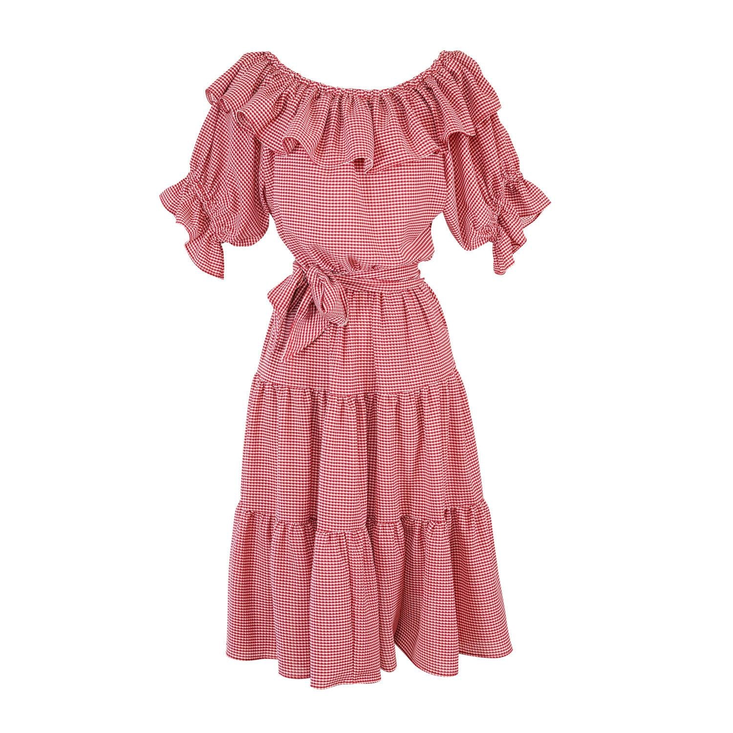 red, parque, ruffle, ruffle dress, off the shoulder, flowy, tiered, boho, jennafergrace, handmade, madeinusa