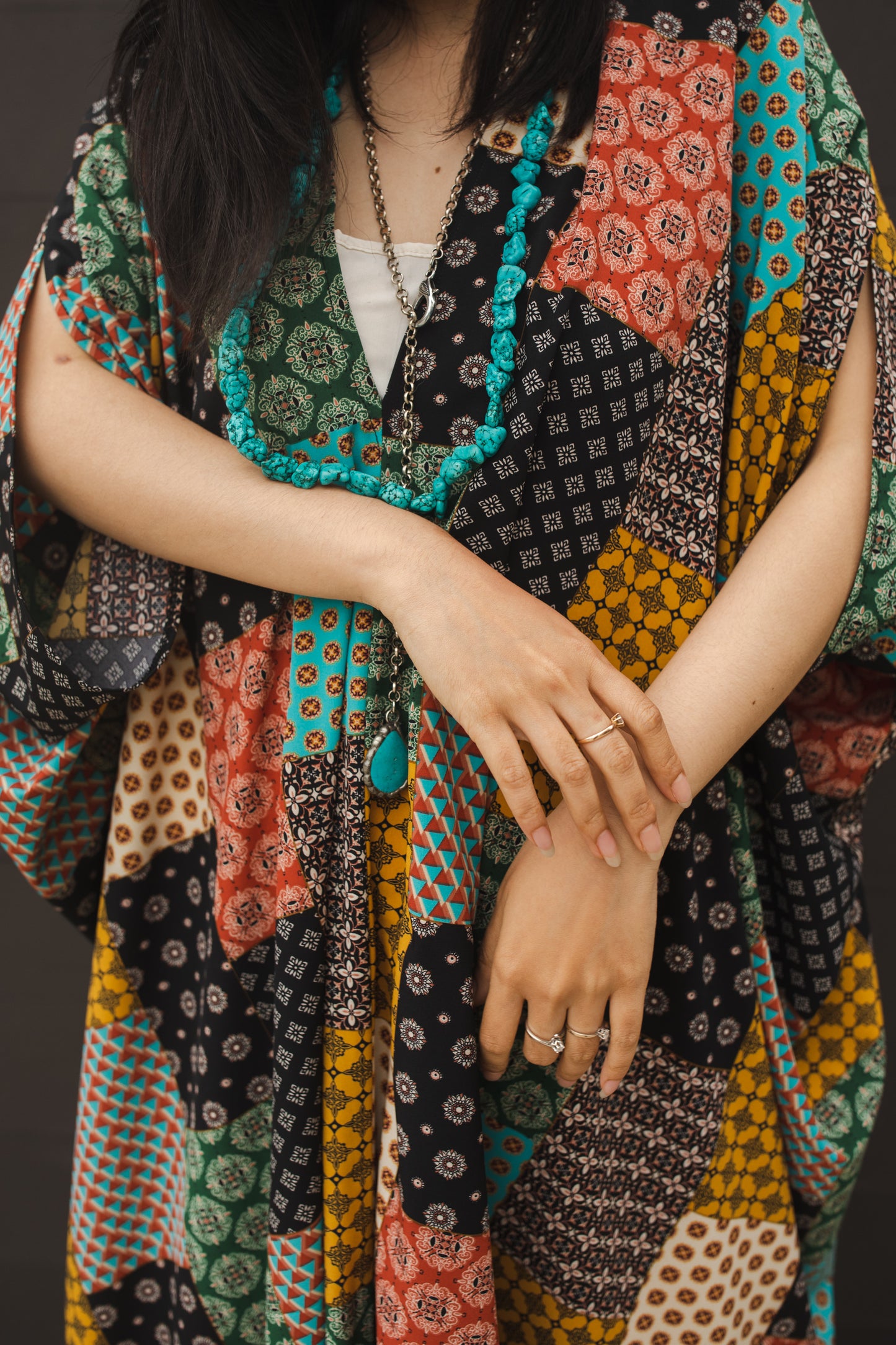 jennafer grace colorful quilted-look patchwork scarf print caftan kaftan mumu shift dress coverup casual boho bohemian hippie beach resort spa lounge loungewear layering unisex handmade
