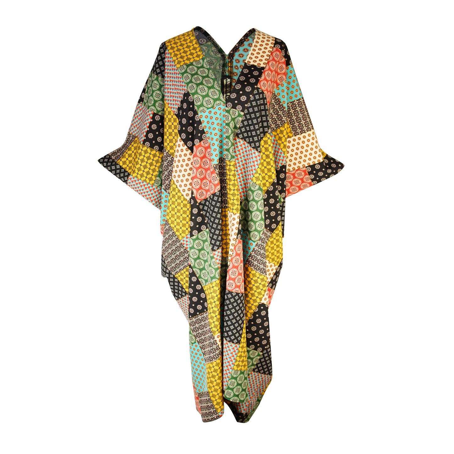 jennafer grace colorful quilted-look patchwork scarf print caftan kaftan mumu shift dress coverup casual boho bohemian hippie beach resort spa lounge loungewear layering unisex handmade