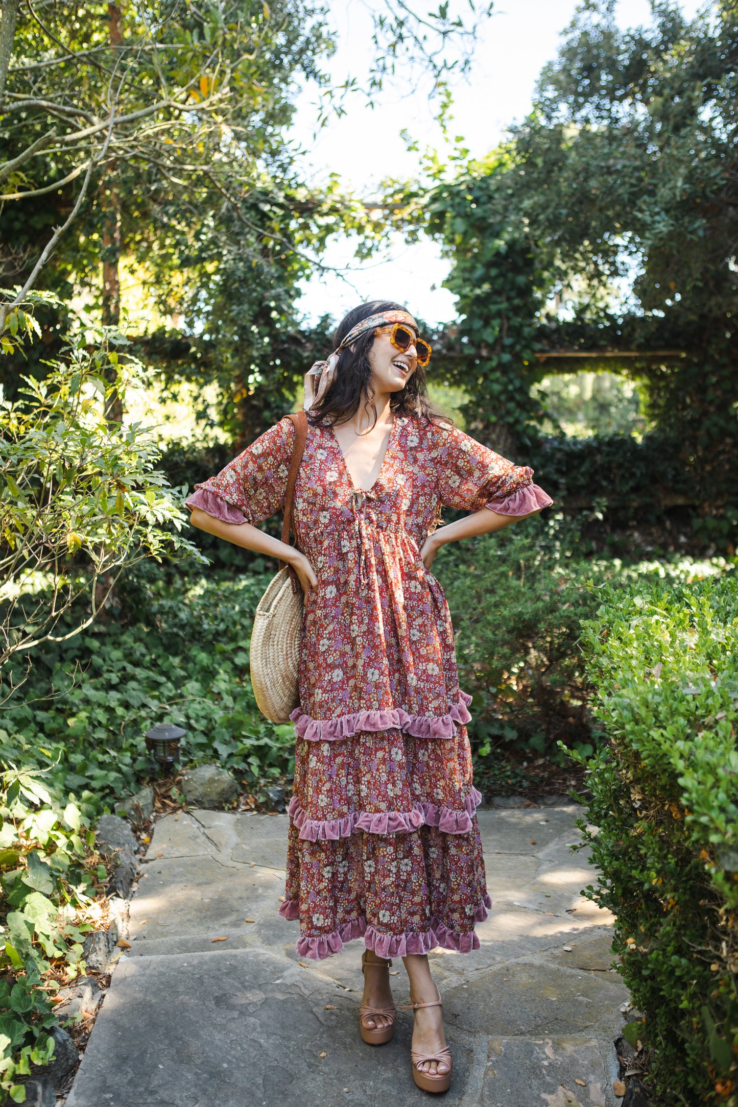 Jennafer Grace Rouge Bloom Velvet Ruffle maxi dress orange-red cinnabar titian rust blush pink summer dress full circle skirt cuff sleeves boho bohemian hippie romantic whimsical unisex handmade in California USA