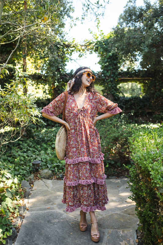 Jennafer Grace Rouge Bloom Velvet Ruffle maxi dress orange-red cinnabar titian rust blush pink summer dress full circle skirt cuff sleeves boho bohemian hippie romantic whimsical unisex handmade in California USA