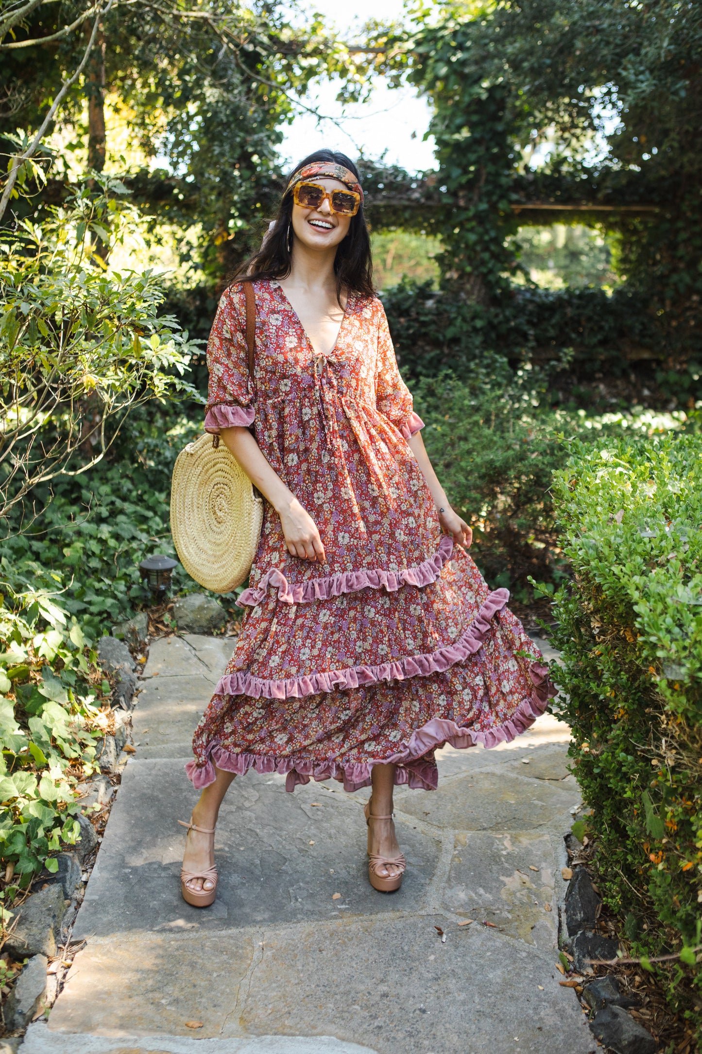Jennafer Grace Rouge Bloom Velvet Ruffle maxi dress orange-red cinnabar titian rust blush pink summer dress full circle skirt cuff sleeves boho bohemian hippie romantic whimsical unisex handmade in California USA