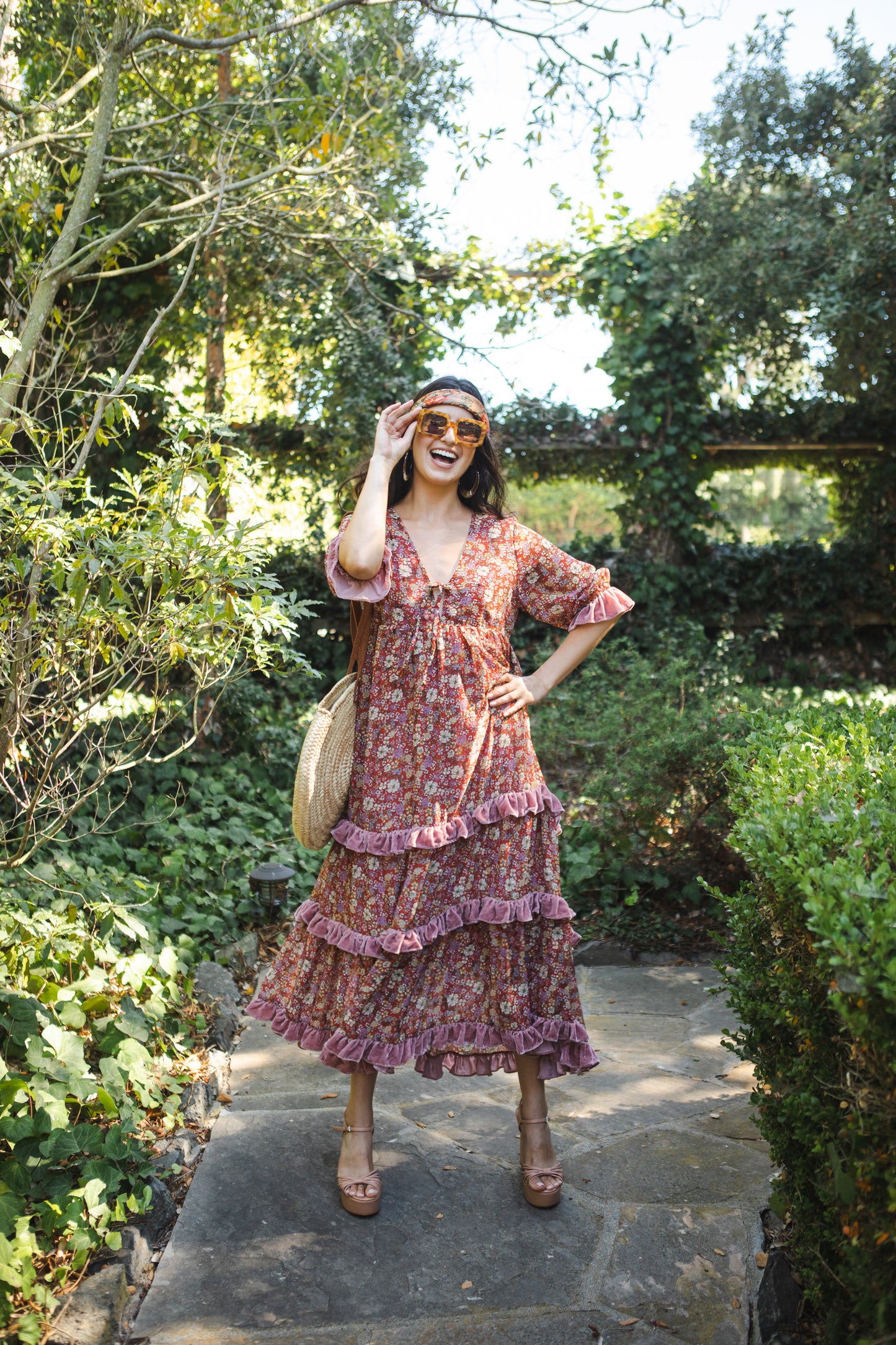 Jennafer Grace Rouge Bloom Velvet Ruffle maxi dress orange-red cinnabar titian rust blush pink summer dress full circle skirt cuff sleeves boho bohemian hippie romantic whimsical unisex handmade in California USA