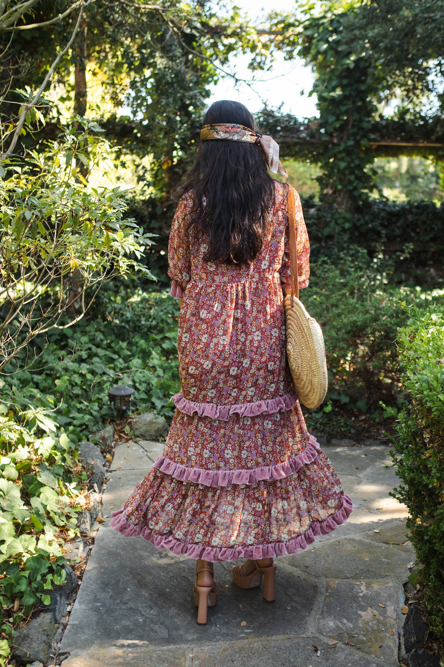 Jennafer Grace Rouge Bloom Velvet Ruffle maxi dress orange-red cinnabar titian rust blush pink summer dress full circle skirt cuff sleeves boho bohemian hippie romantic whimsical unisex handmade in California USA