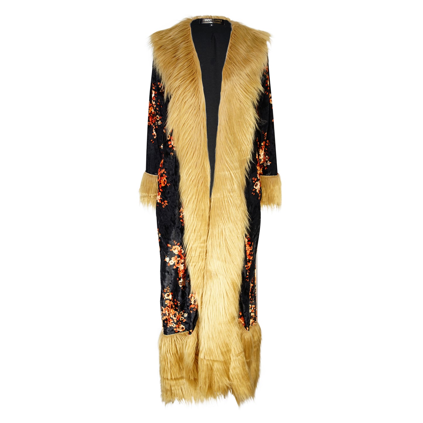jennafer grace Autumn Roses deluxe penny lane faux fur duster jacket coat almost famous klaus hargreeves black floral velvet boho bohemian hippie romantic whimsical retro opera coat 70s revival 1970s unisex handmade in California USA