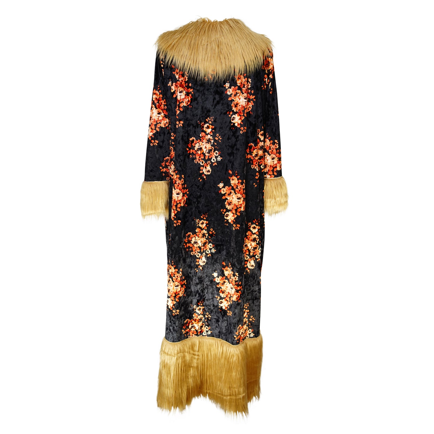 jennafer grace Autumn Roses deluxe penny lane faux fur duster jacket coat almost famous klaus hargreeves black floral velvet boho bohemian hippie romantic whimsical retro opera coat 70s revival 1970s unisex handmade in California USA