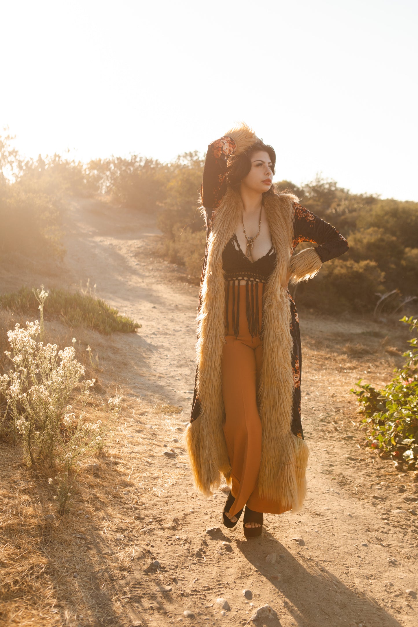 jennafer grace Autumn Roses deluxe penny lane faux fur duster jacket coat almost famous klaus hargreeves black floral velvet boho bohemian hippie romantic whimsical retro opera coat 70s revival 1970s unisex handmade in California USA