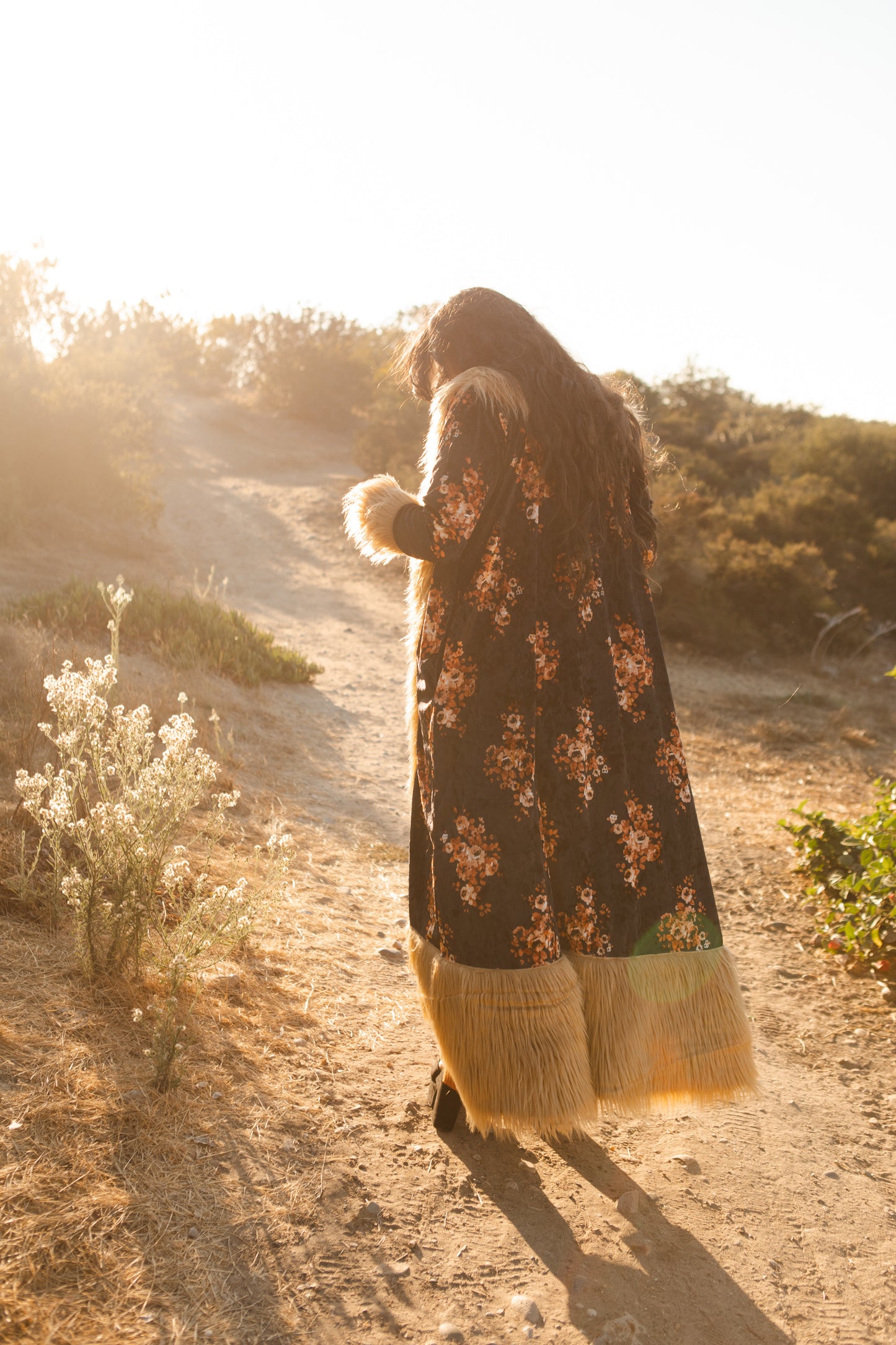 jennafer grace Autumn Roses deluxe penny lane faux fur duster jacket coat almost famous klaus hargreeves black floral velvet boho bohemian hippie romantic whimsical retro opera coat 70s revival 1970s unisex handmade in California USA
