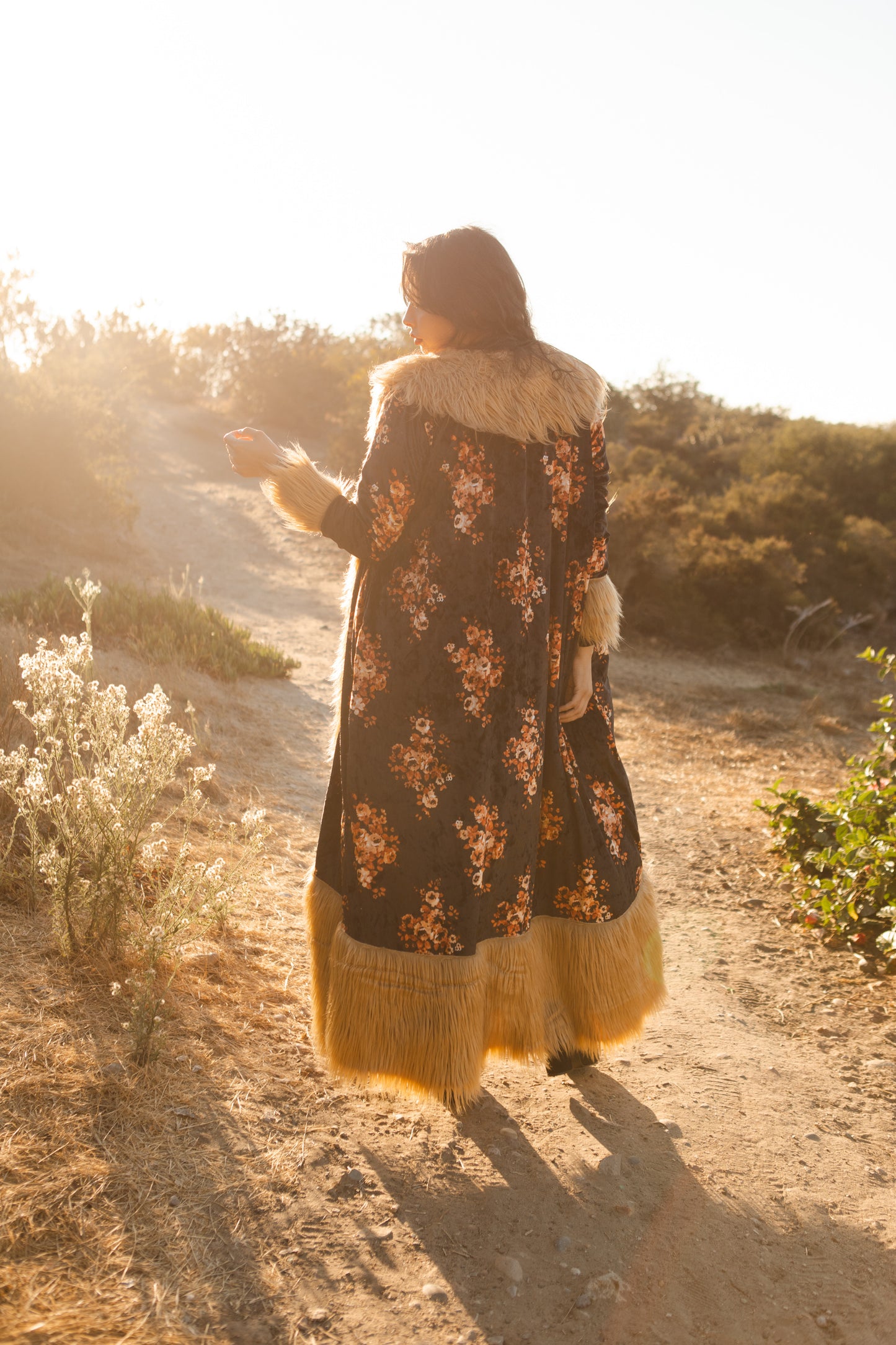 jennafer grace Autumn Roses deluxe penny lane faux fur duster jacket coat almost famous klaus hargreeves black floral velvet boho bohemian hippie romantic whimsical retro opera coat 70s revival 1970s unisex handmade in California USA