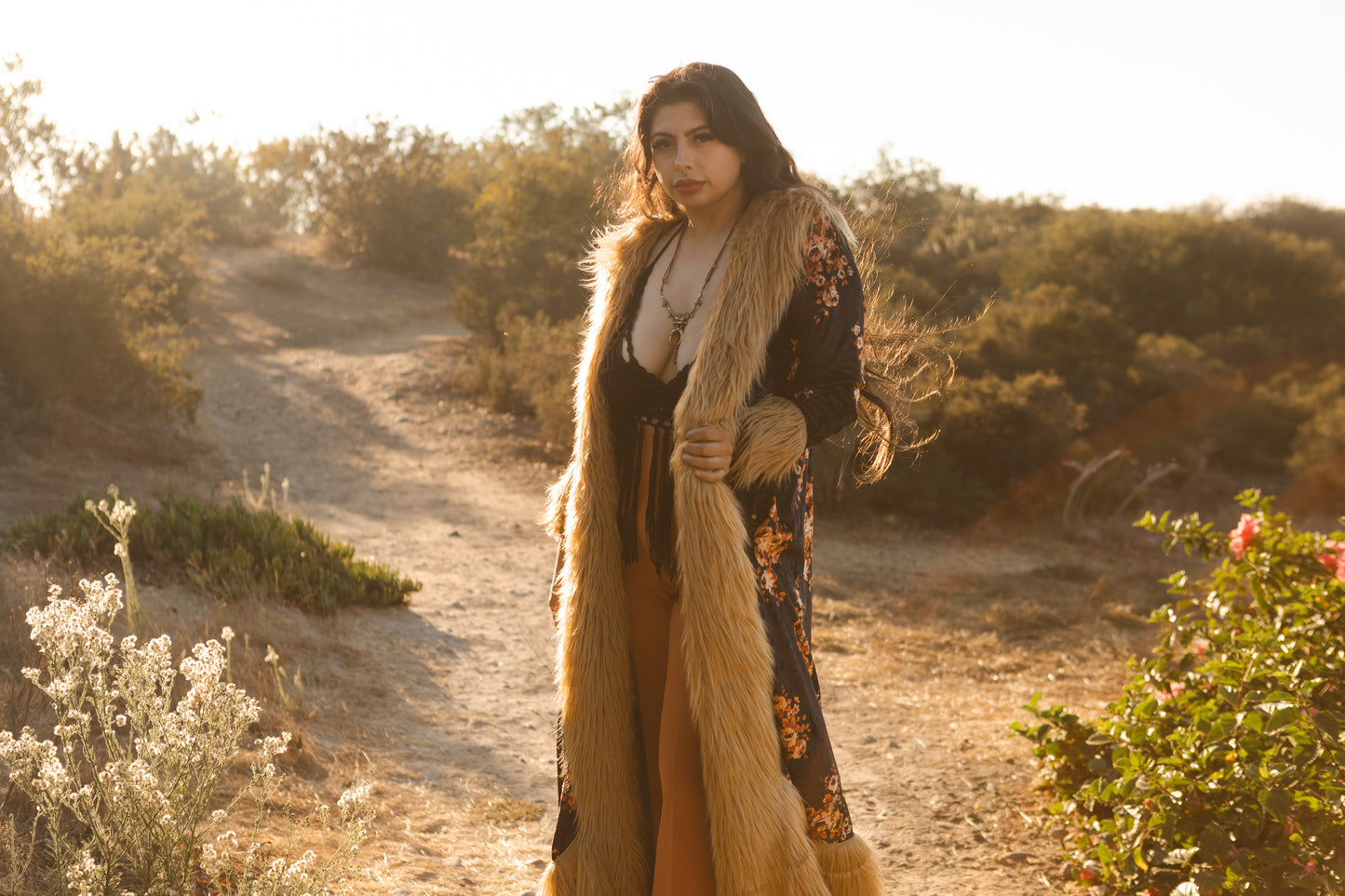 jennafer grace Autumn Roses deluxe penny lane faux fur duster jacket coat almost famous klaus hargreeves black floral velvet boho bohemian hippie romantic whimsical retro opera coat 70s revival 1970s unisex handmade in California USA