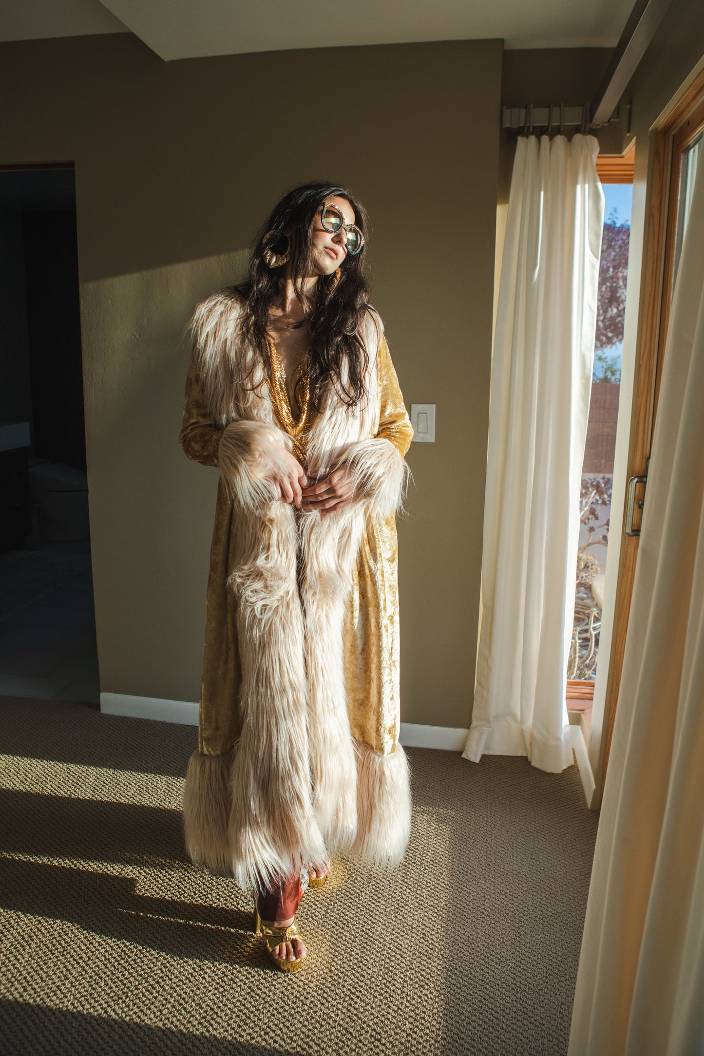 jennafer grace Champagne velvet deluxe penny lane faux fur duster jacket coat almost famous klaus hargreeves yellow gold deadstock velvet ivory fur boho bohemian hippie romantic whimsical retro opera coat 70s revival 1970s unisex handmade in California USA