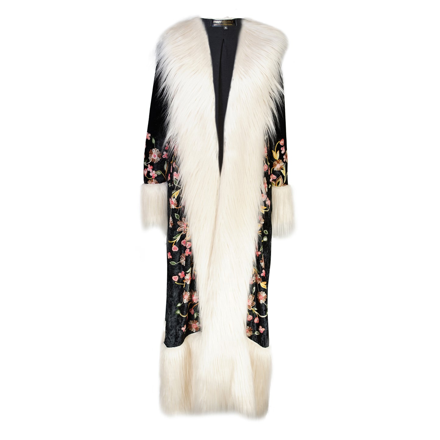 jennafer grace Harmony Embroidered Velvet deluxe penny lane faux fur duster jacket coat almost famous klaus hargreeves ivory cream faux fur dark floral embroidered velvet goth gothic boho bohemian hippie romantic whimsical retro opera coat 70s revival 1970s unisex handmade in California USA