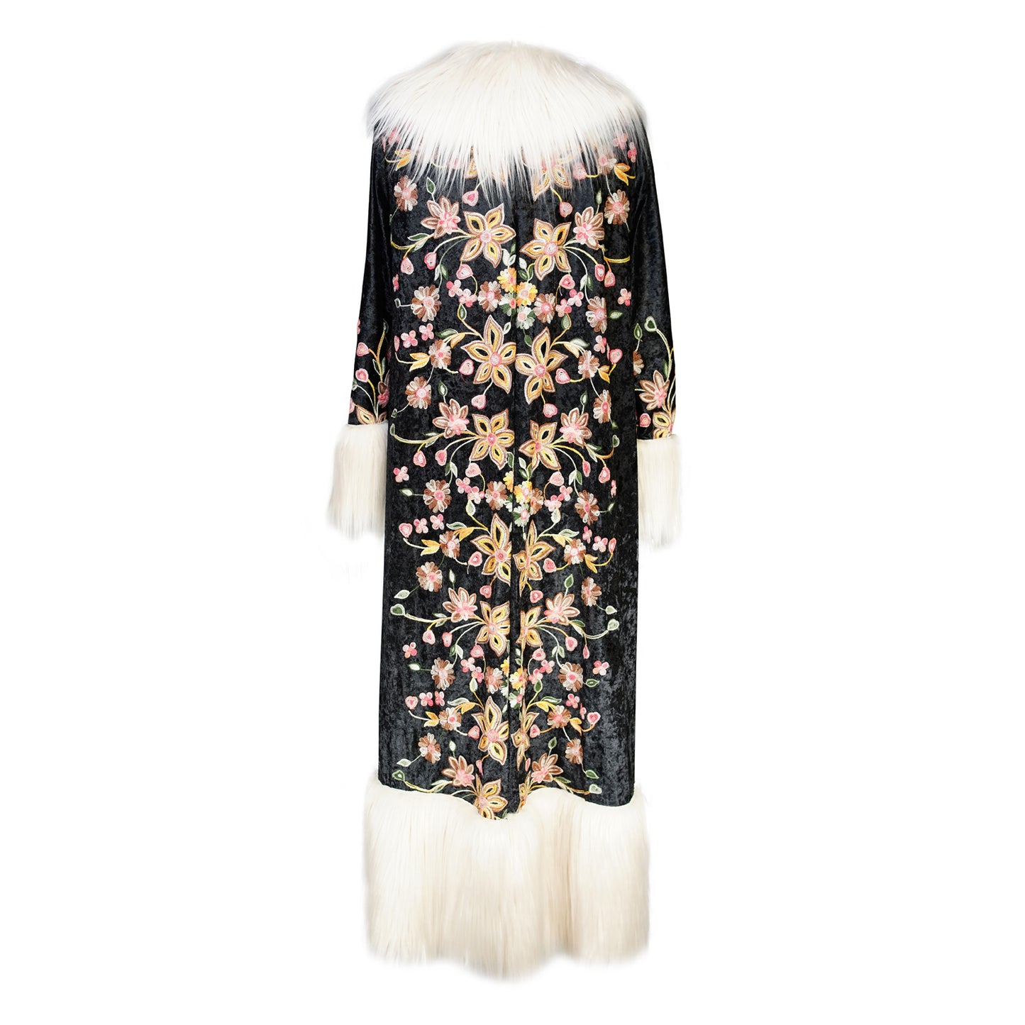 jennafer grace Harmony Embroidered Velvet deluxe penny lane faux fur duster jacket coat almost famous klaus hargreeves ivory cream faux fur dark floral embroidered velvet goth gothic boho bohemian hippie romantic whimsical retro opera coat 70s revival 1970s unisex handmade in California USA