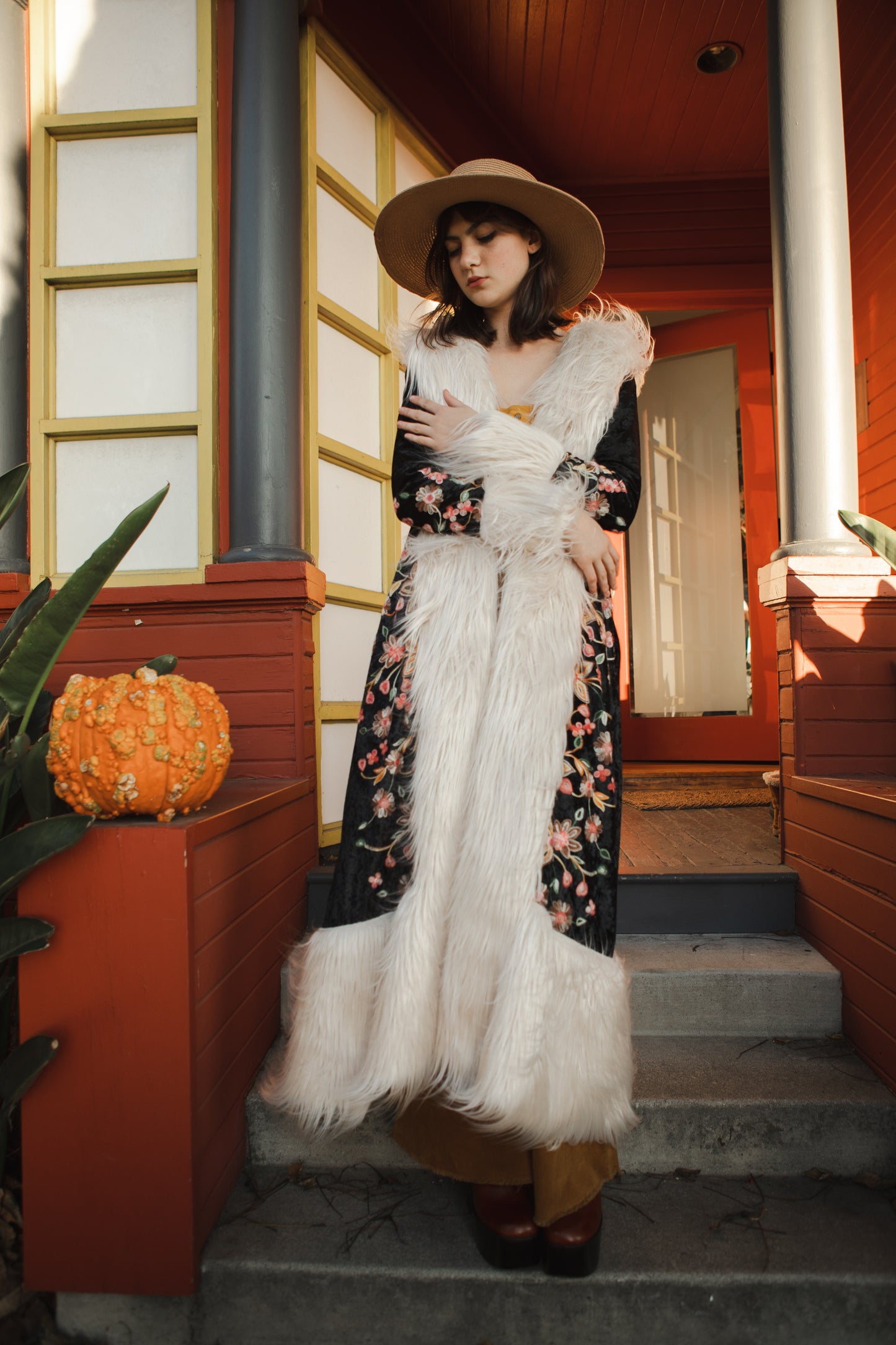 jennafer grace Harmony Embroidered Velvet deluxe penny lane faux fur duster jacket coat almost famous klaus hargreeves ivory cream faux fur dark floral embroidered velvet goth gothic boho bohemian hippie romantic whimsical retro opera coat 70s revival 1970s unisex handmade in California USA